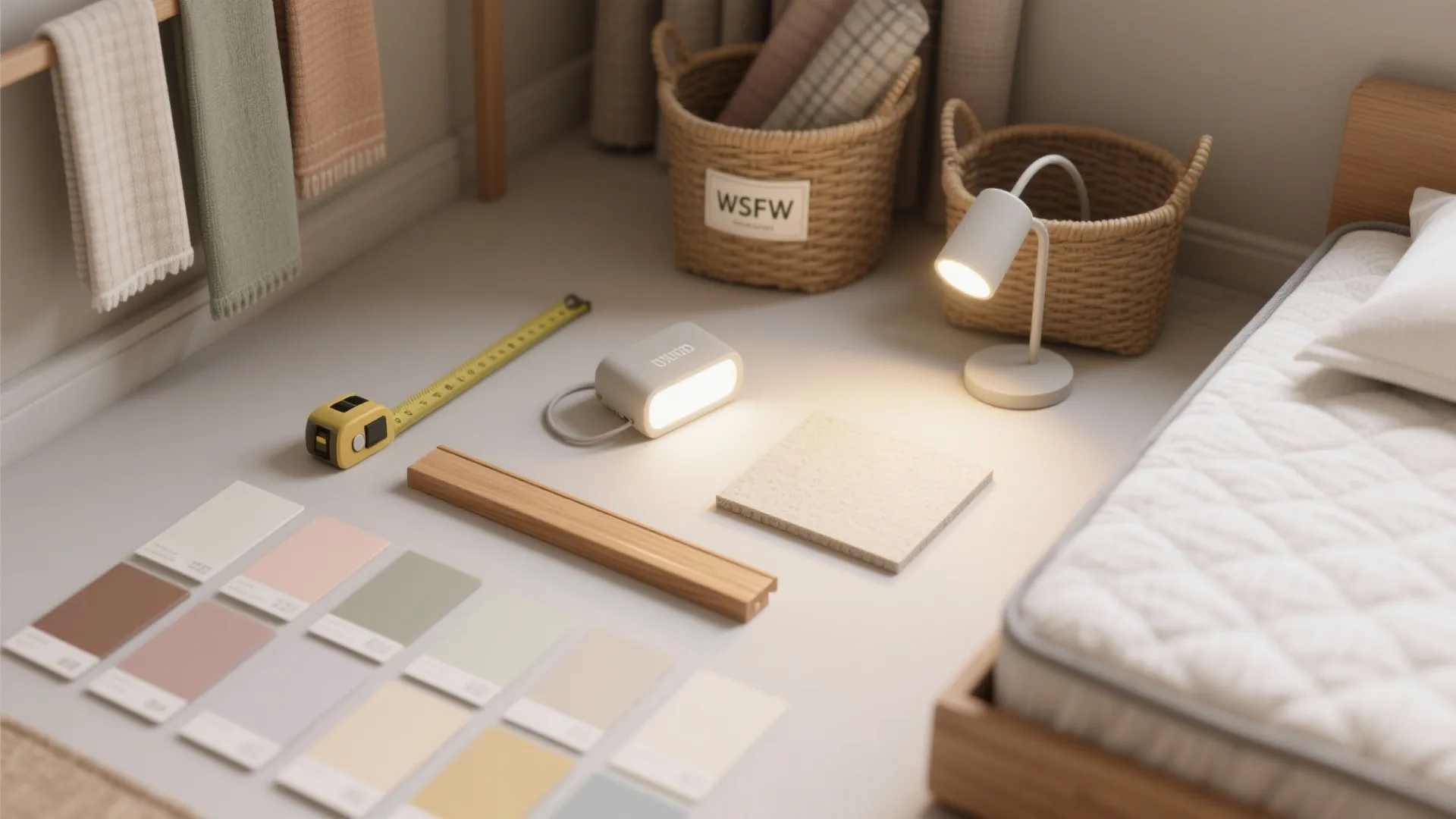 Floor level view showing paint color samples wood strip tape measure and small light fixture