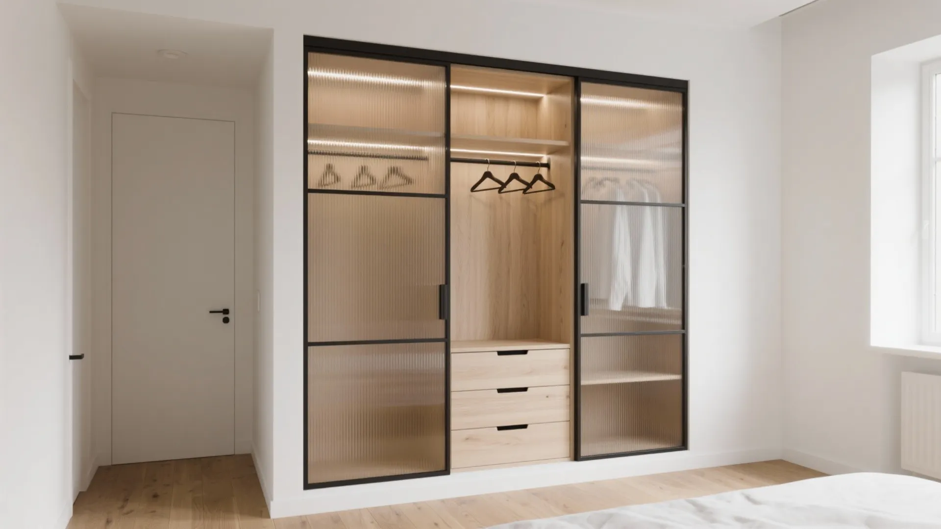 Modern wood wardrobe with black frame glass sliding doors showing clothes hangers and storage drawers inside