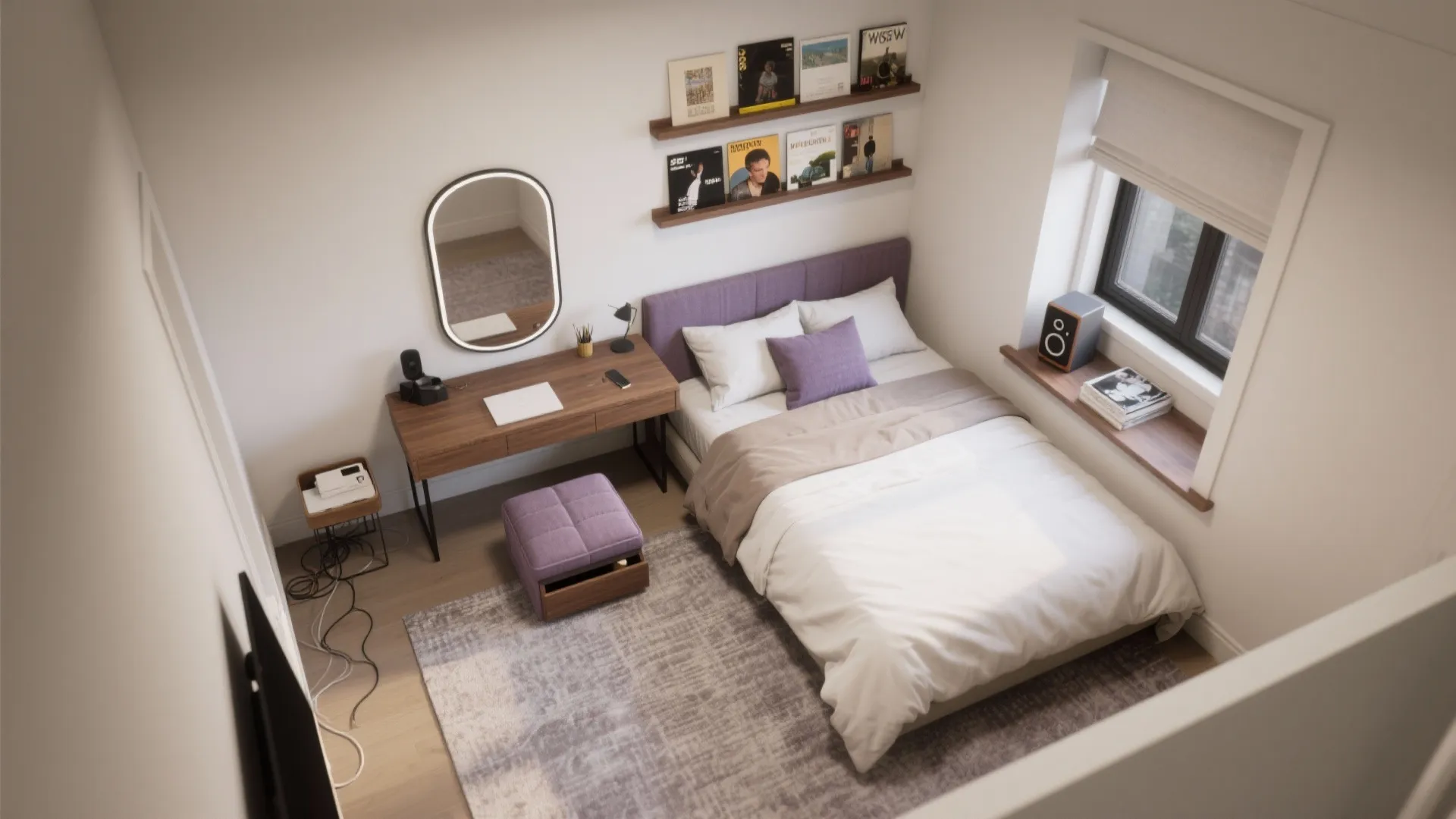 Top-down view of a 10x11 bedroom zoned for sleep, study, and display with clear circulation