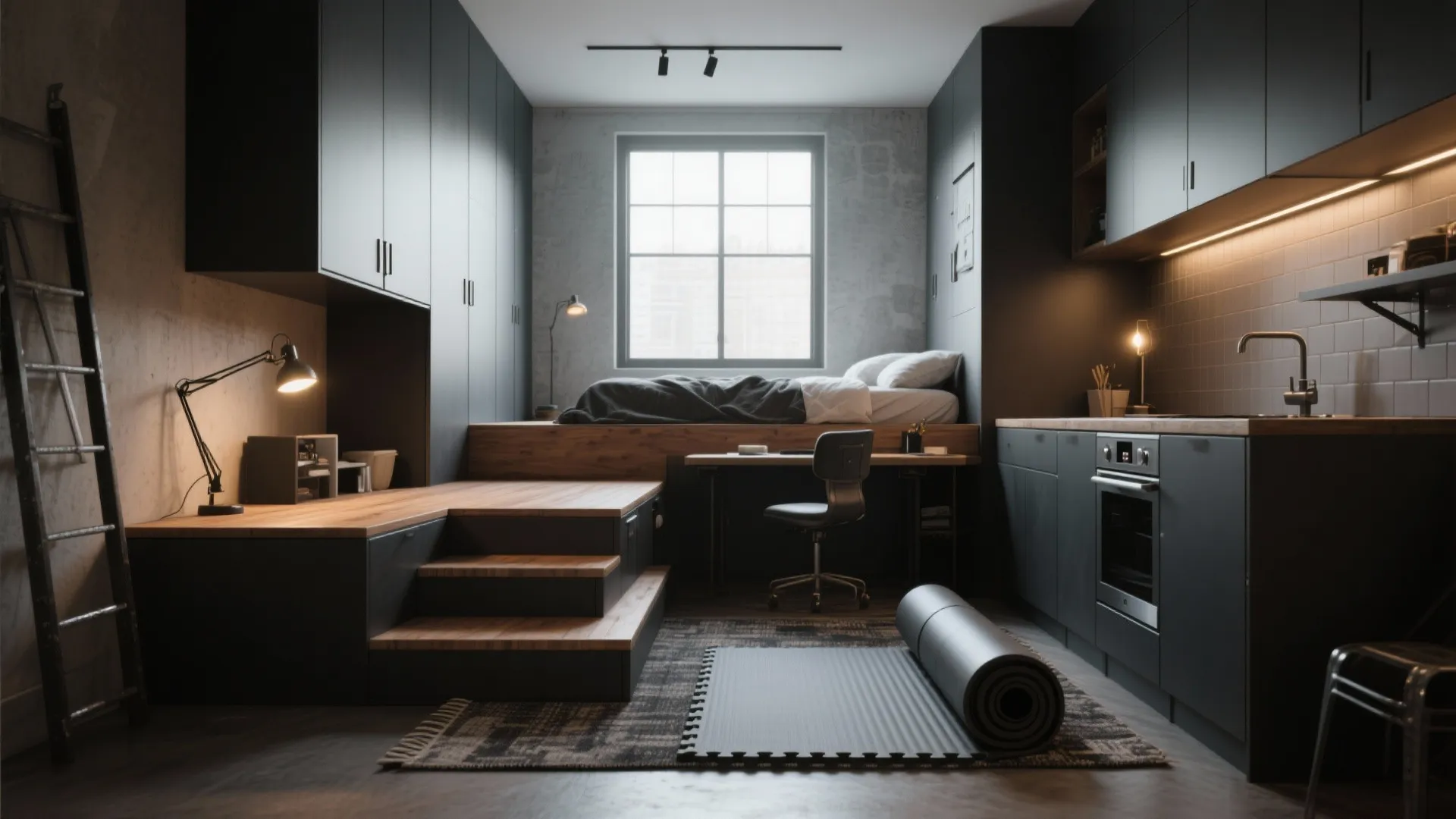 Modern studio apartment layout with a raised bed platform next to a dark grey kitchen