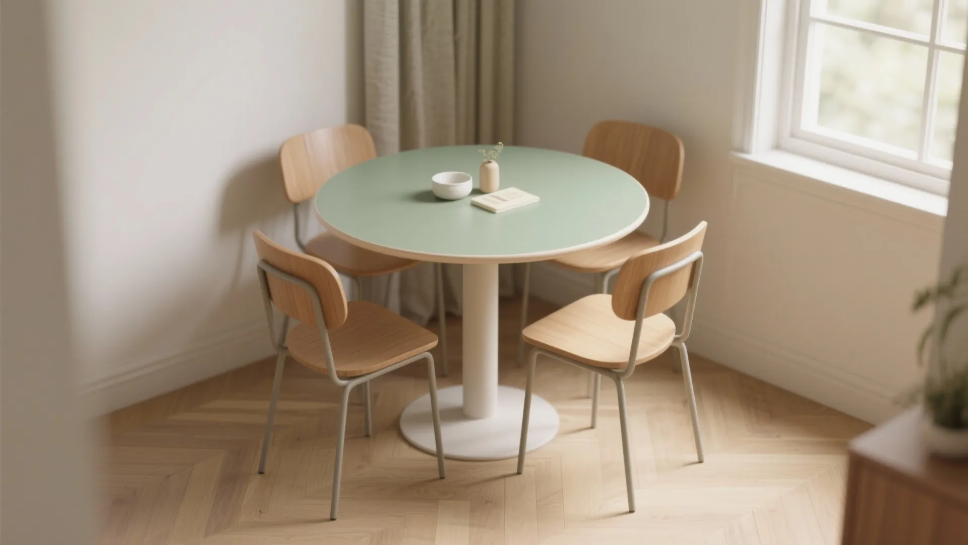 1. Tiny round table + slim chairs: keep the footprint light