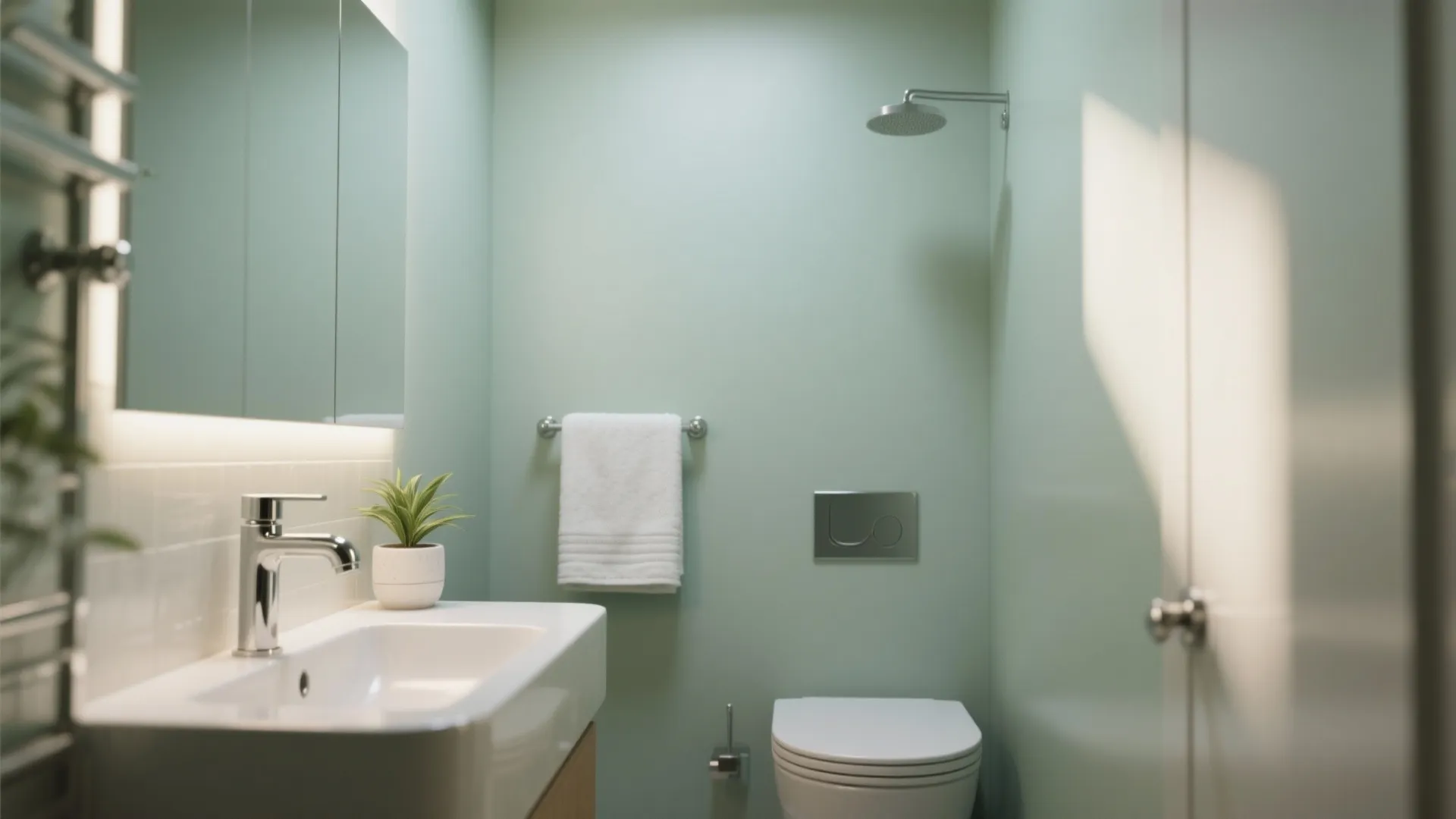 3. Soft Sage in Tiny Bathrooms for a Spa Feel