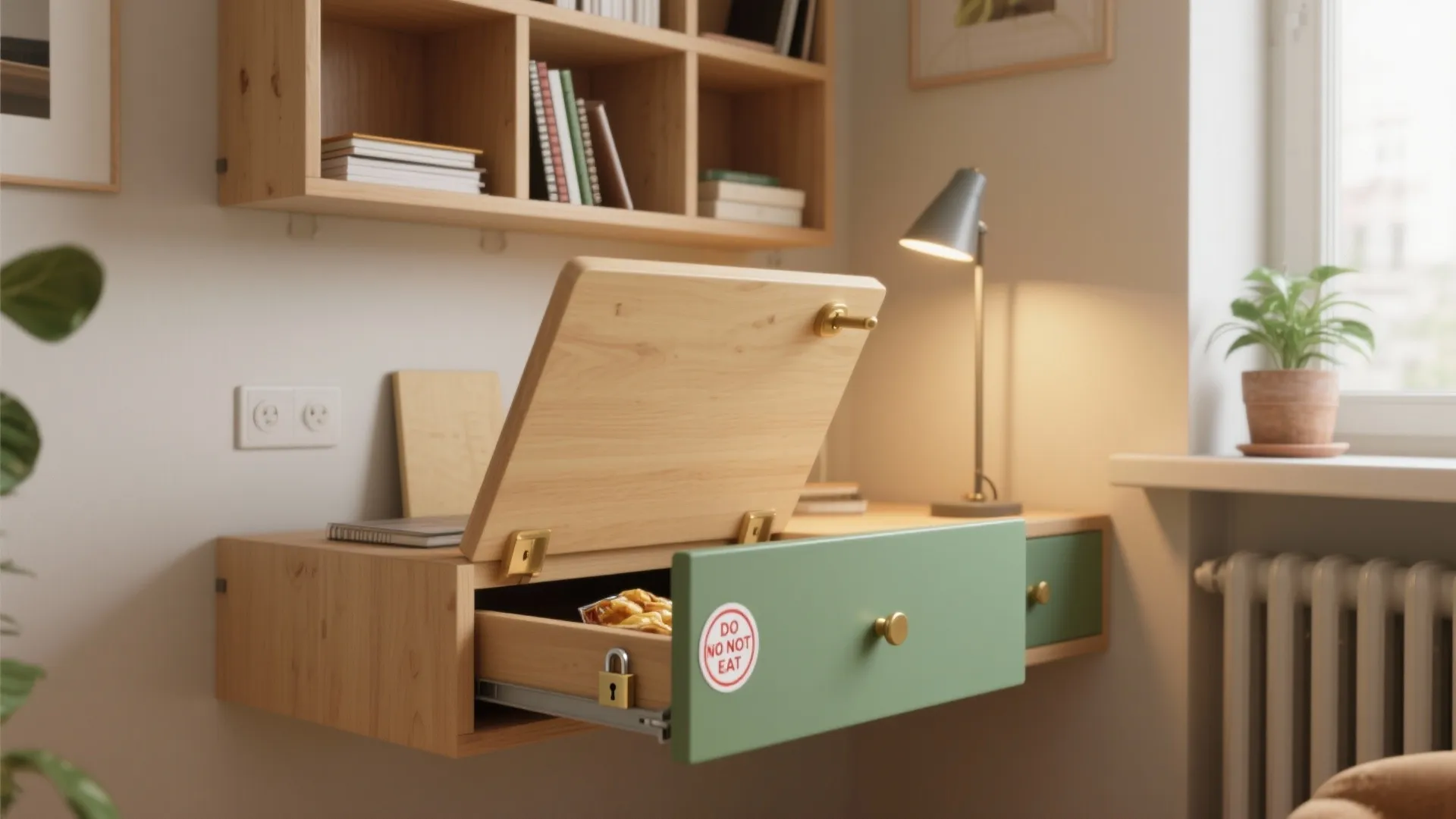 Small wooden wall desk with an open green drawer and flip top lid under shelves