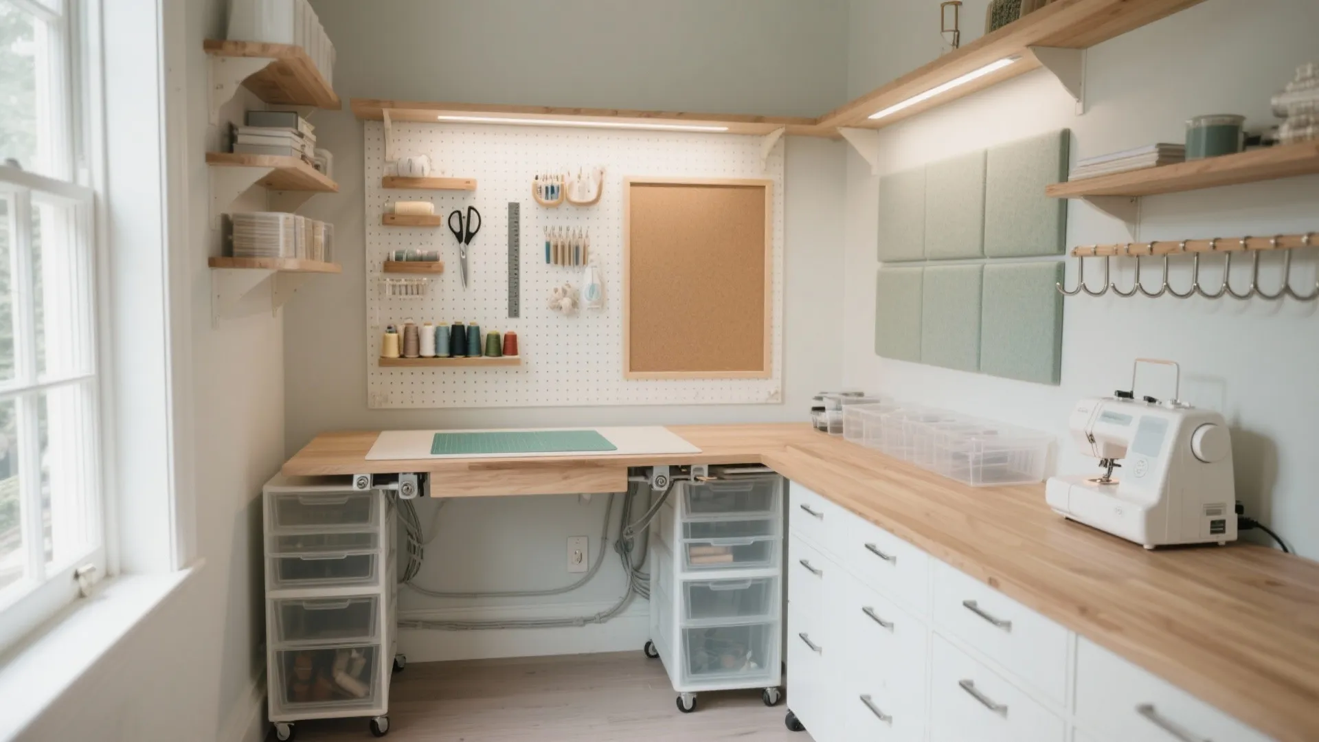 Modern craft room with corner desk, sewing machine, pegboard, thread, storage cabinets, shelves, and window