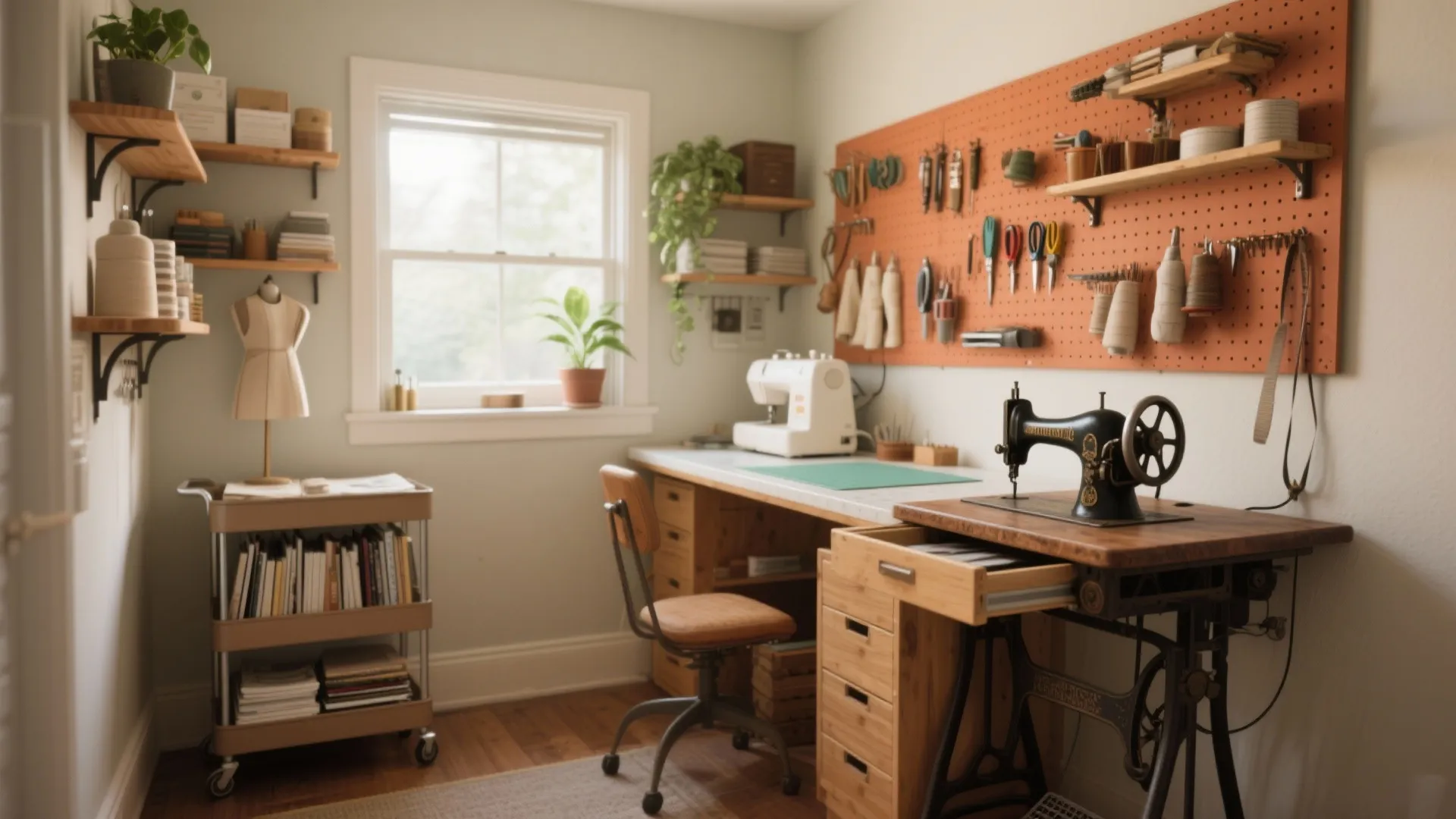 Cozy sewing room with wooden desk, vintage sewing machine, orange pegboard, wall shelves, and plants