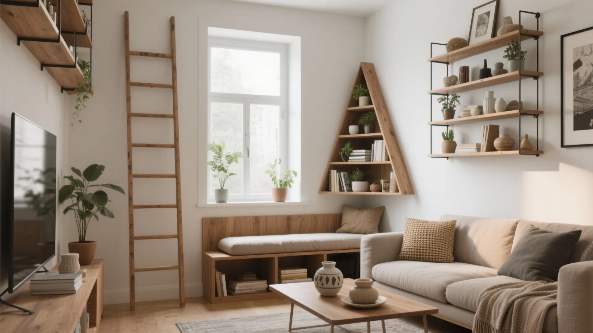 Living room corner featuring triangular wall shelf wooden ladder beige sofa and wood small table