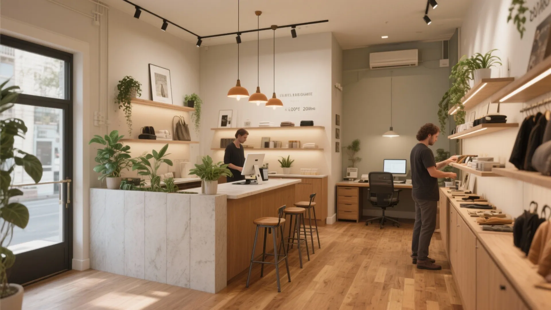 Boutique interior featuring marble counter wooden stools hanging orange ceiling lights and several green plants