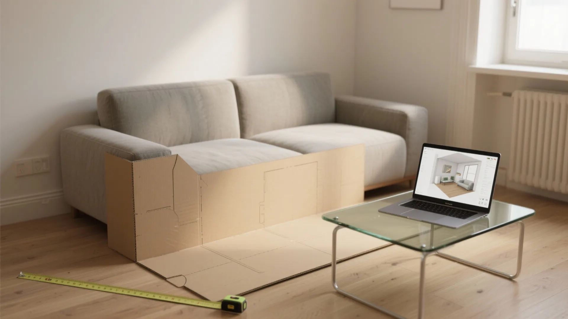 Living room furniture planning with cardboard cutout next to sofa laptop and a measuring tape