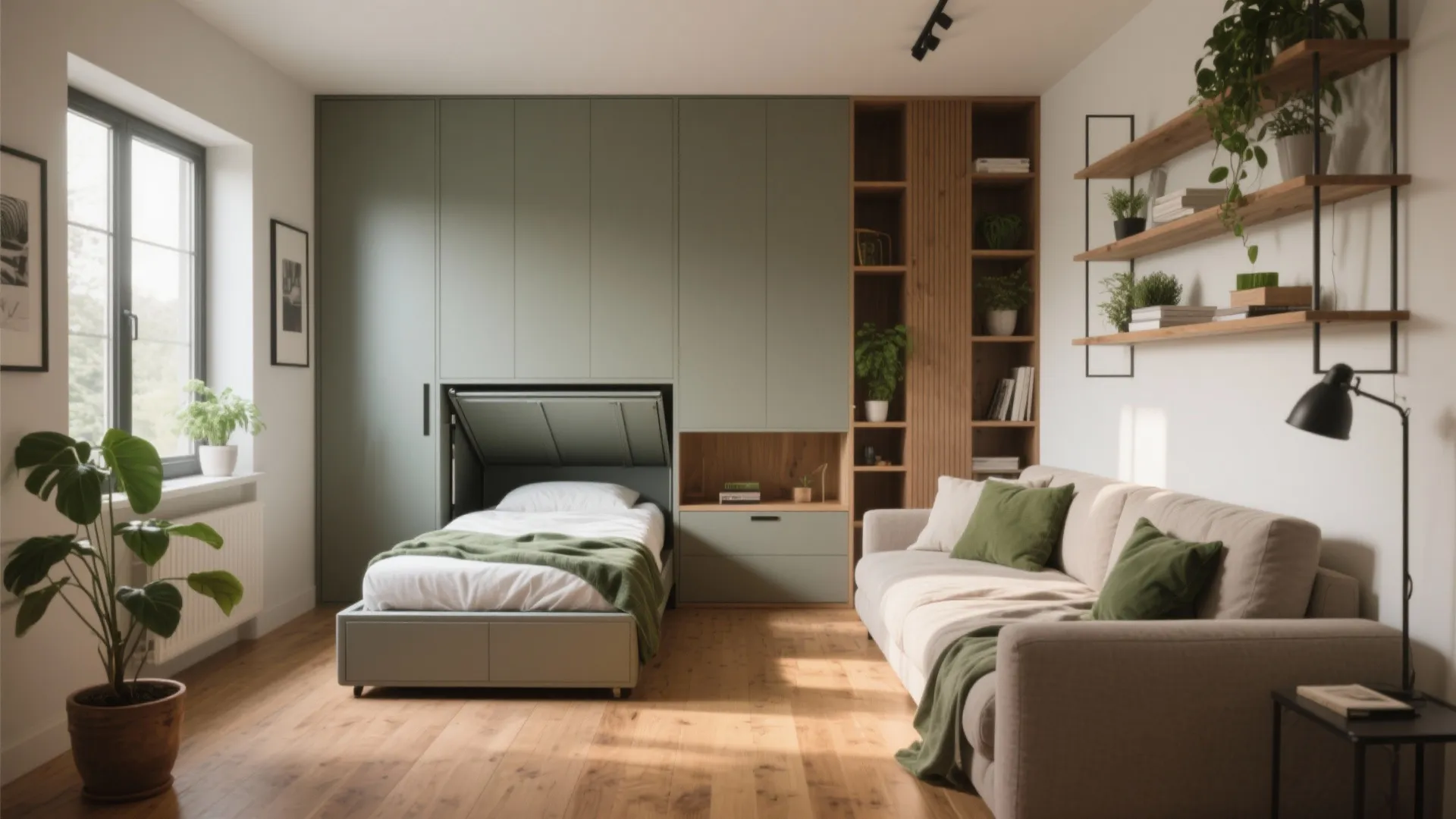 Small studio apartment with green wall cabinet hidden bed beige sofa and wooden wall shelves