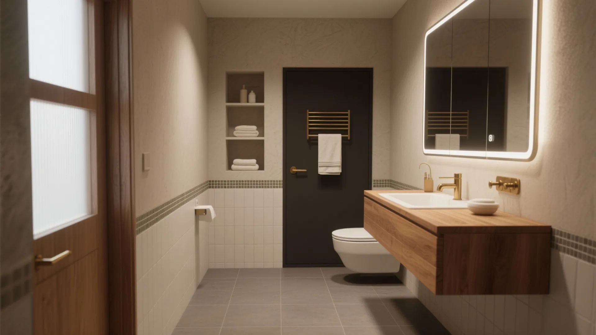 Small luxury bathroom with wood sink cabinet black door lighted mirror and grey floor tiles