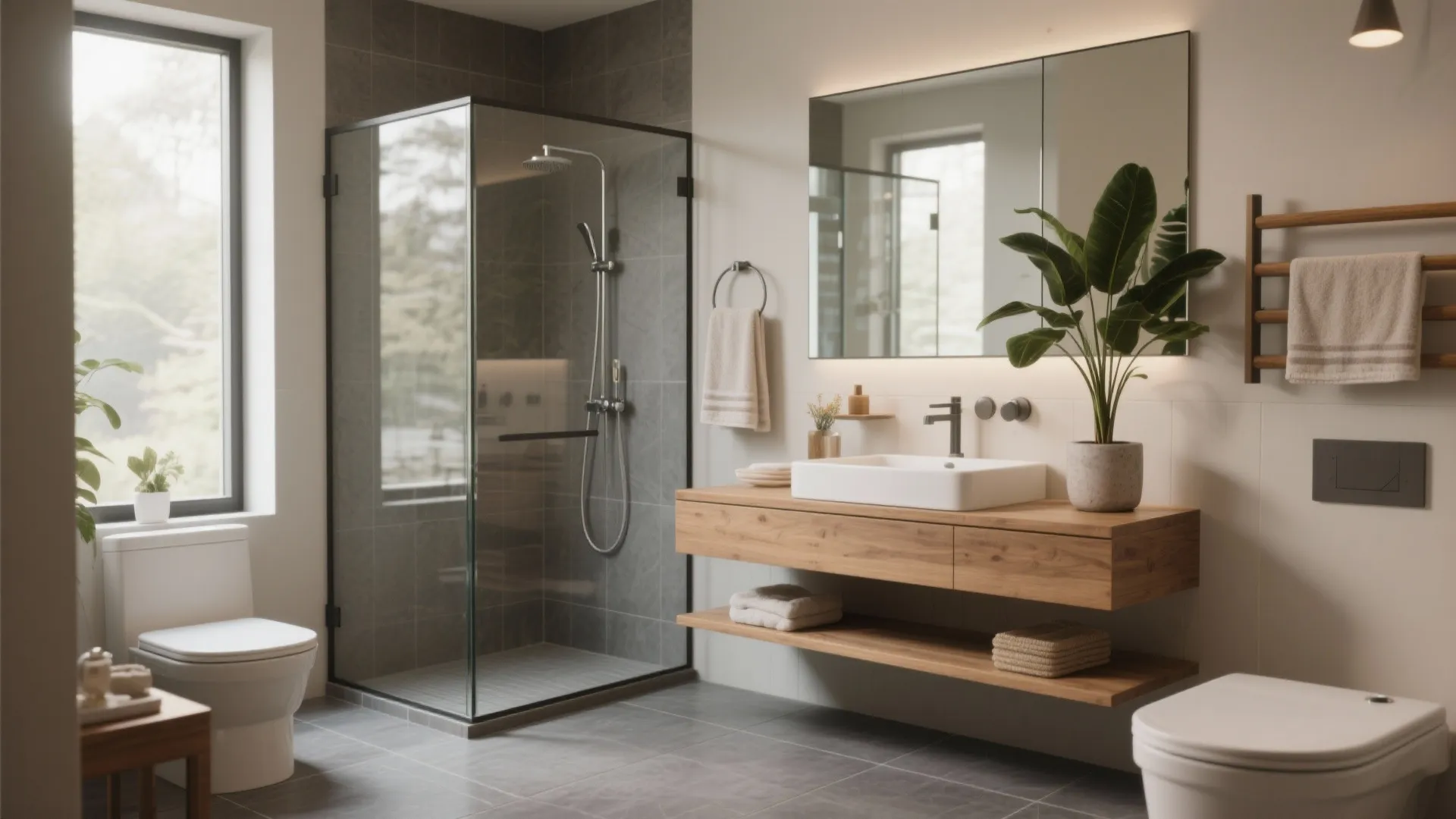 Modern bathroom featuring glass shower cabin wooden floating cabinet white sink large mirror and grey tiles