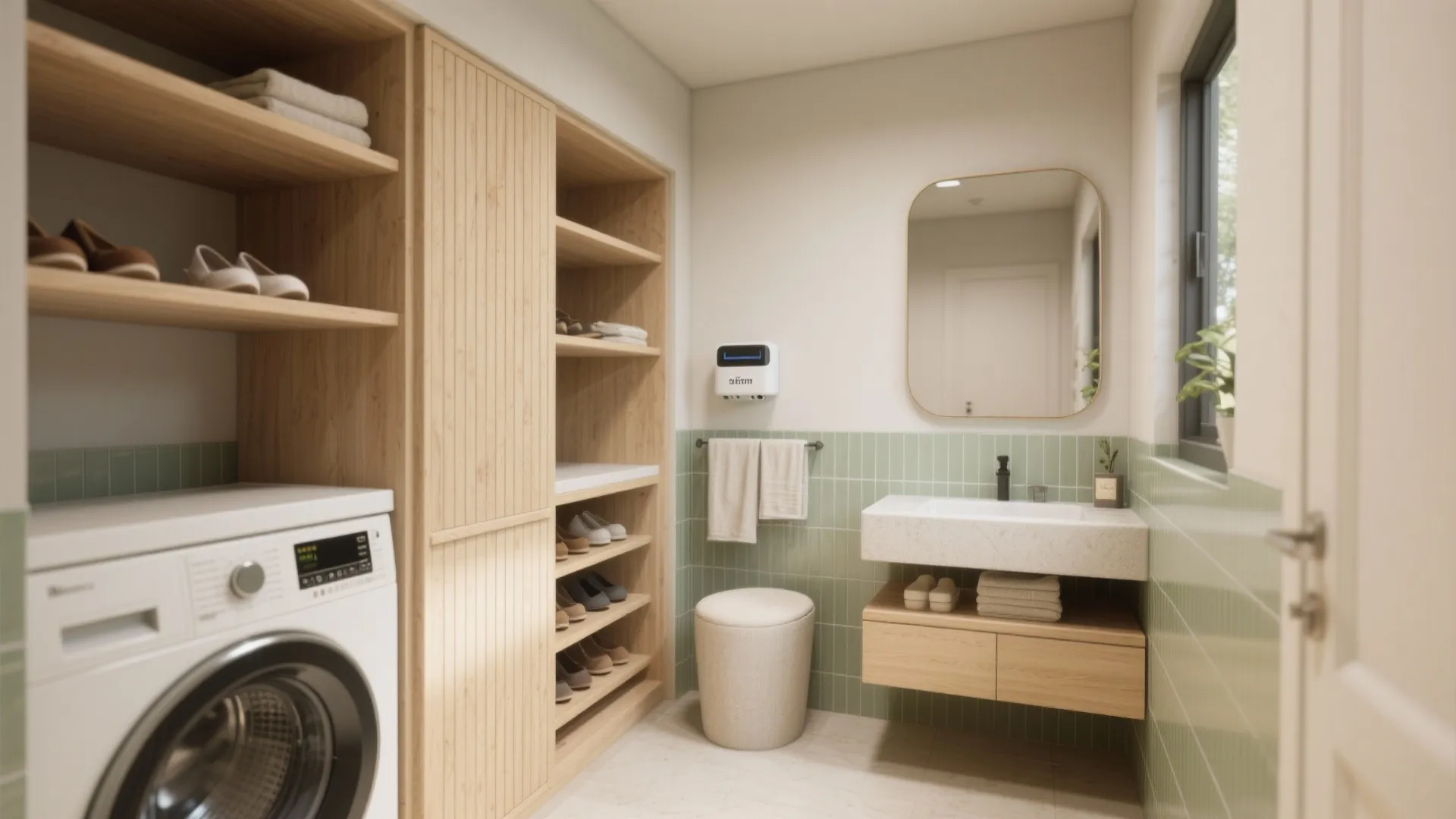 Small laundry room with washing machine wooden storage shelves white sink mirror and green wall tiles