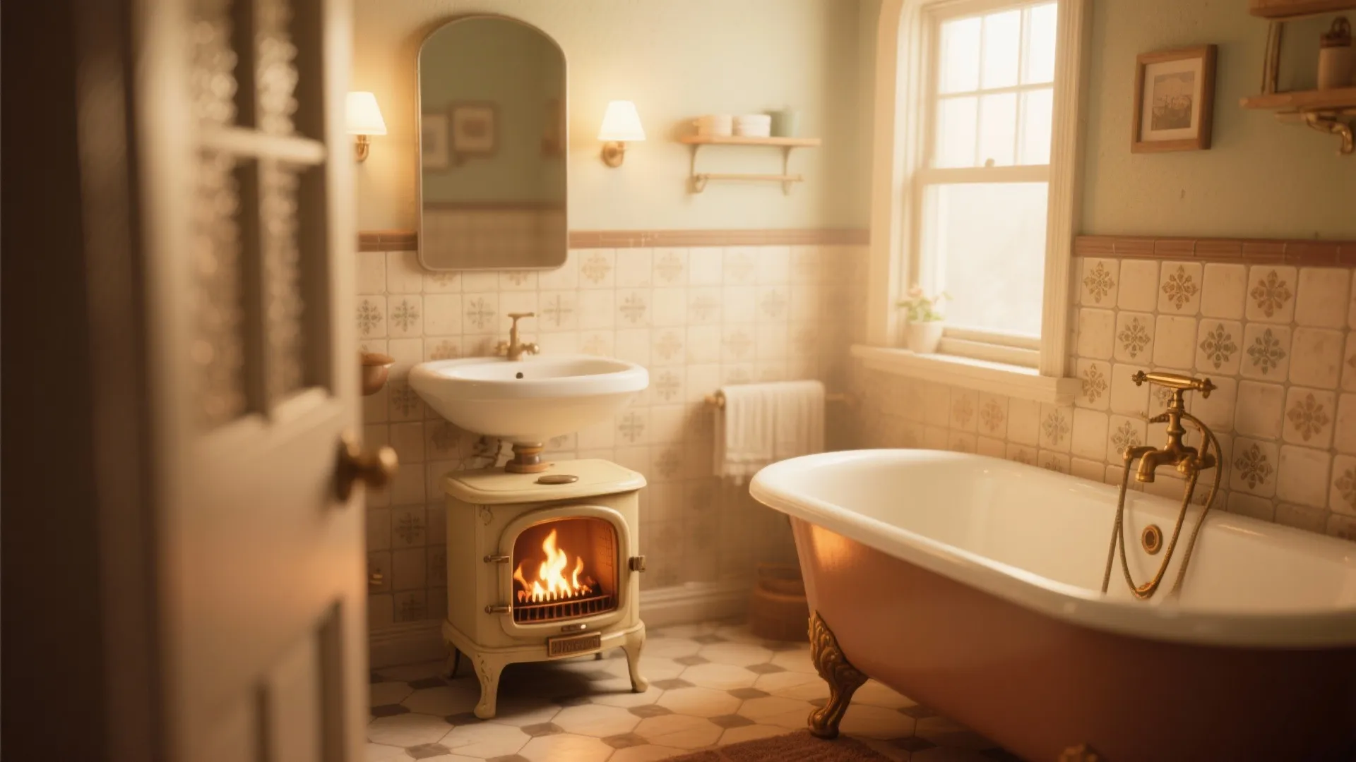 Cozy bathroom with small vintage stove under white sink clawfoot bathtub and patterned wall tiles