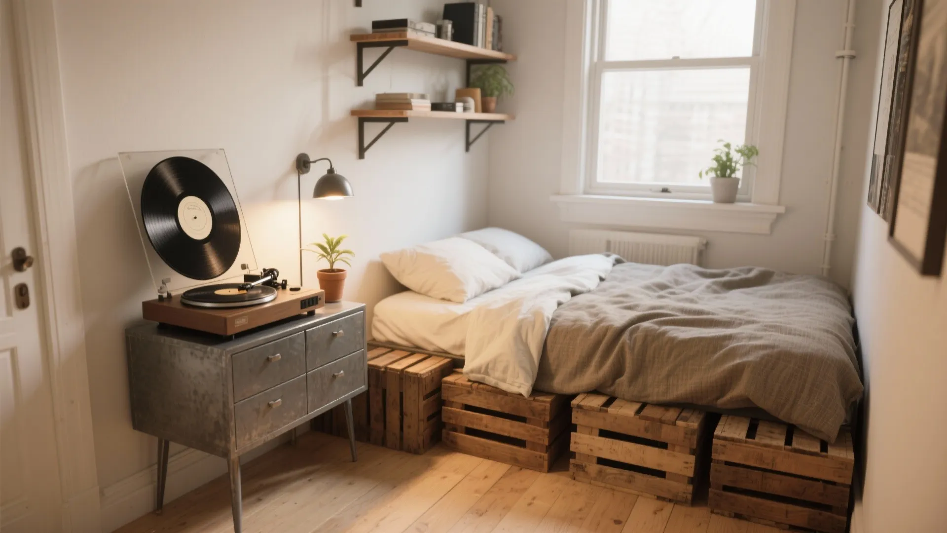 Small studio bedroom with bed on wooden crates, record player on cabinet, and wall light fixtures