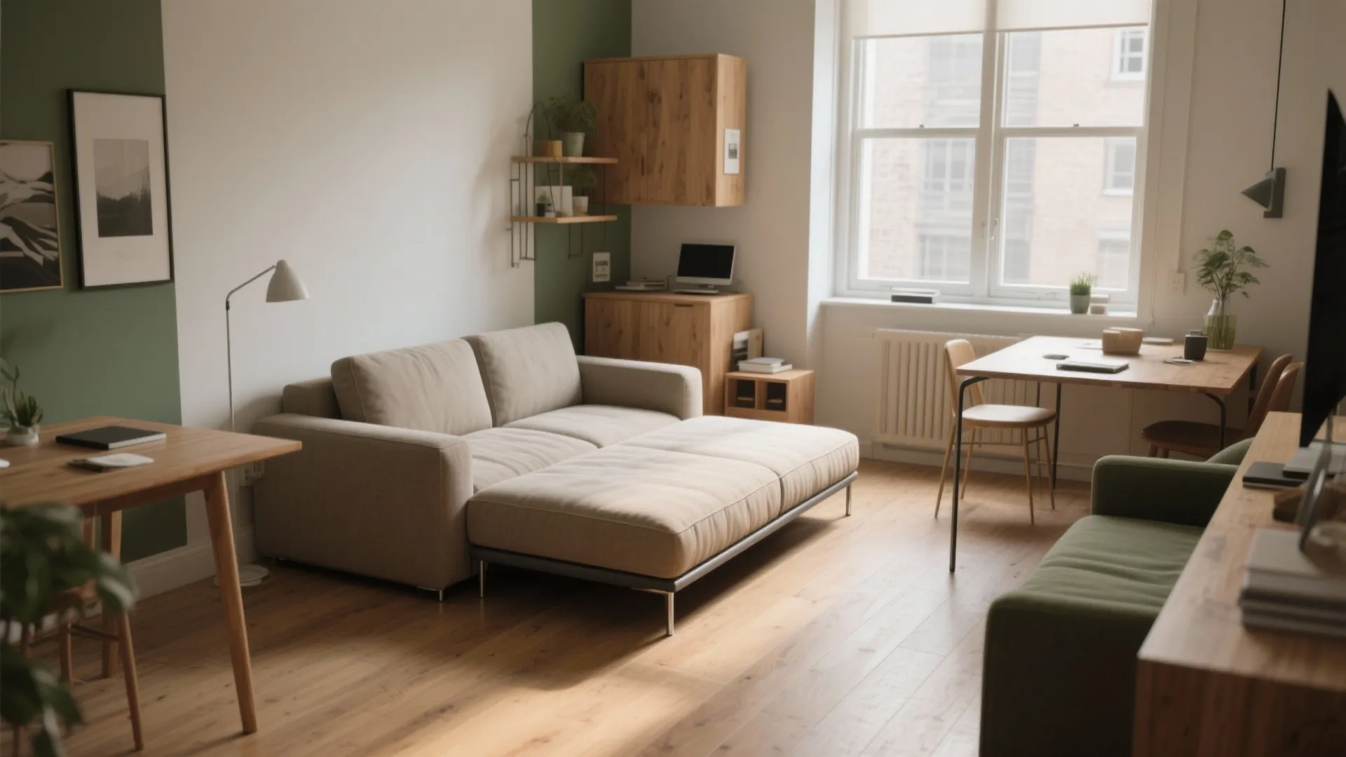 Small studio apartment with a beige sofa bed wooden floor green wall and natural light