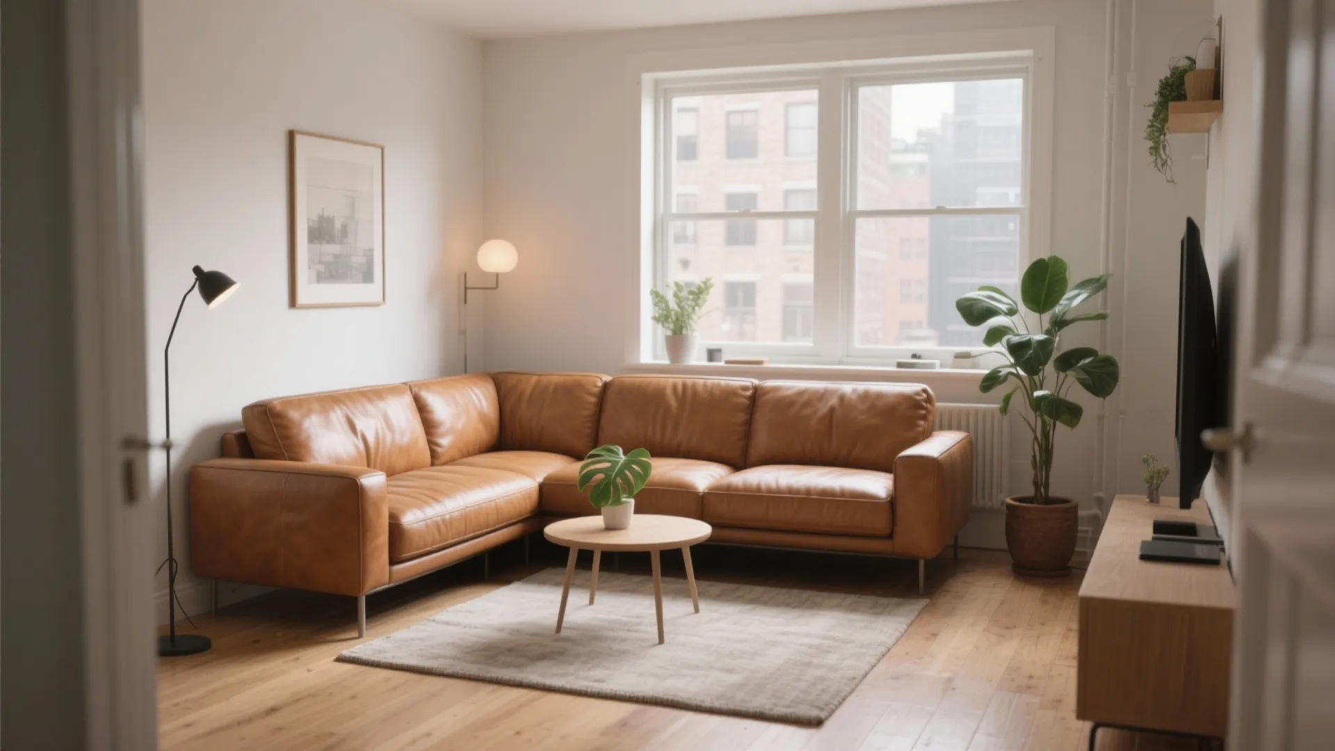 Modern living room with brown leather sofa wooden floor round coffee table and large window