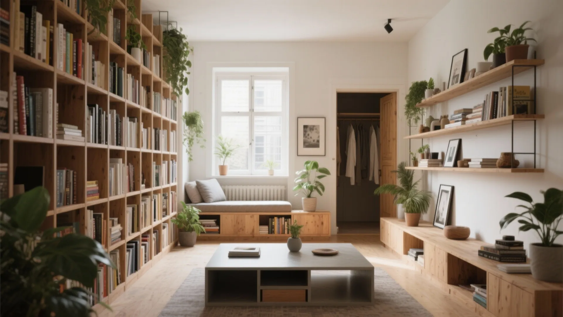 Modern home library with large wooden bookshelves window seat coffee table and many green indoor plants