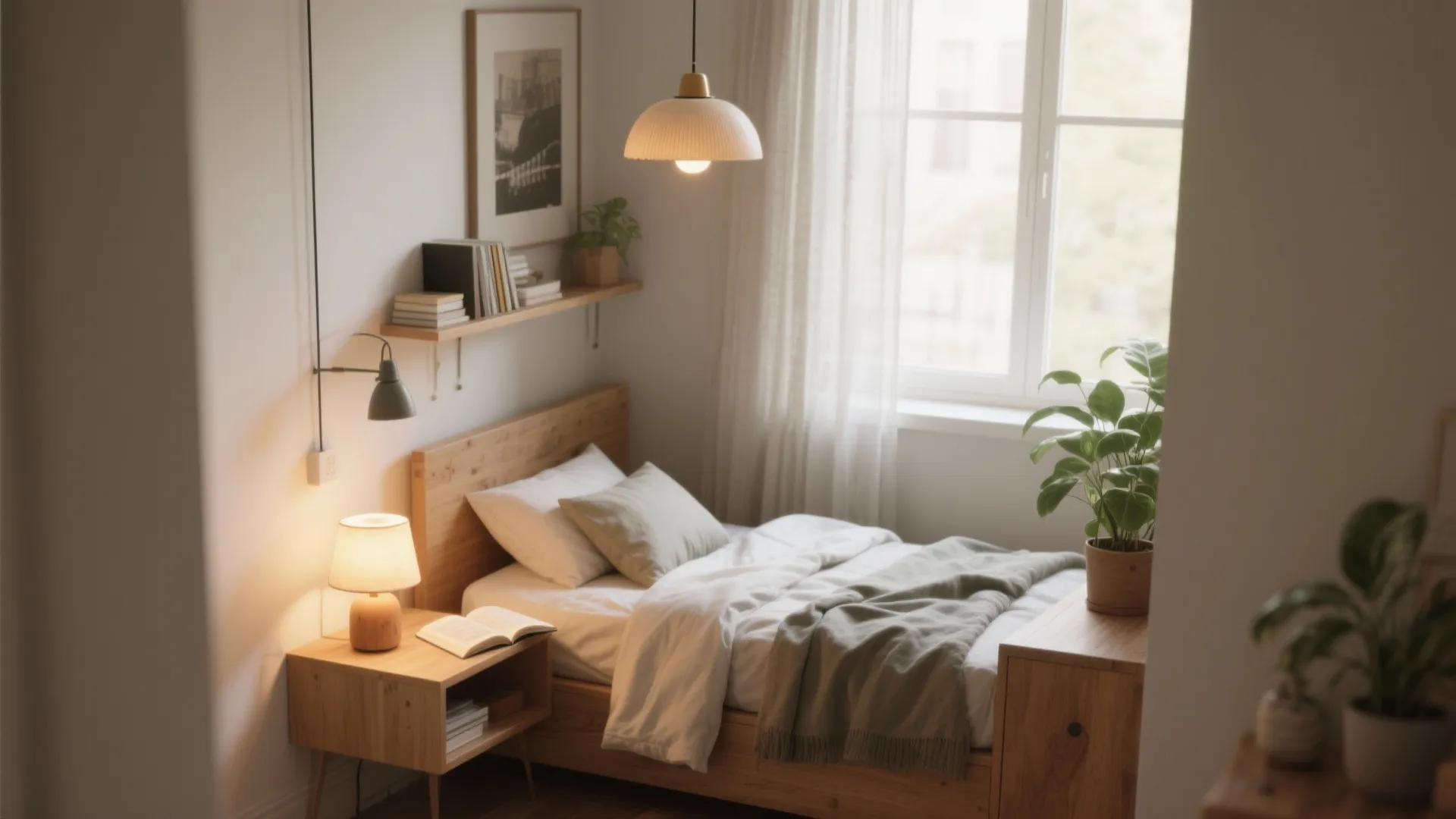 Small cozy bedroom with wooden bed warm light fixture green plants and window natural light