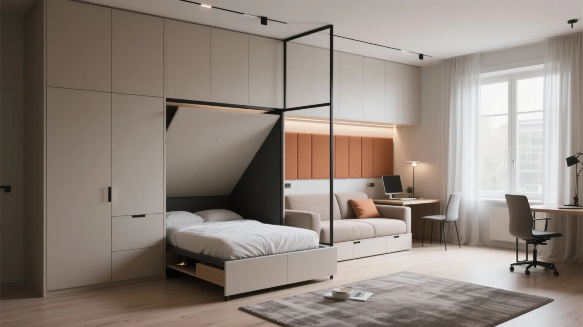 Minimalist studio apartment with a wall bed pulled down next to a sofa and desk