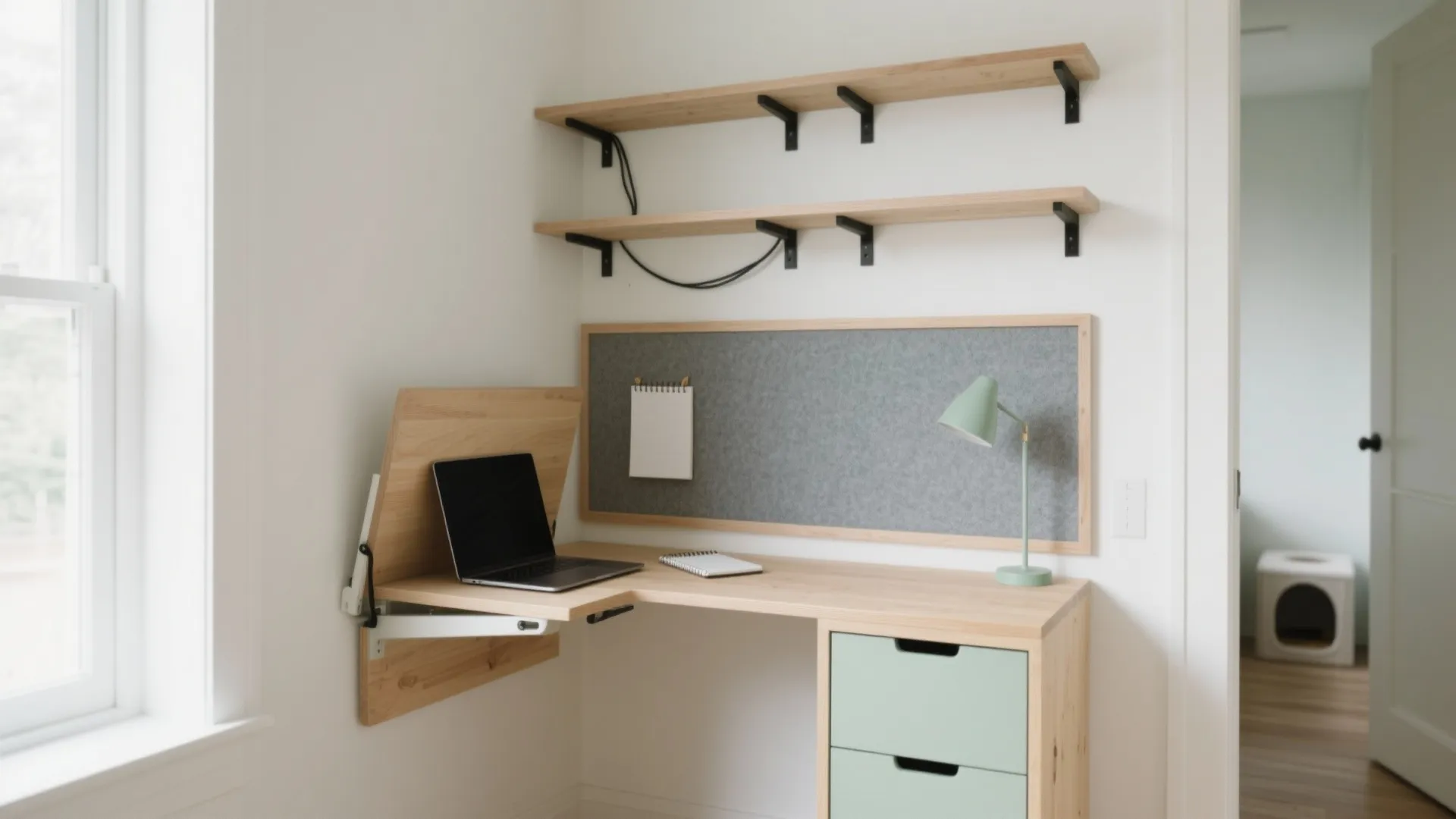 Small workspace featuring light wood corner desk, wall shelves, laptop, green lamp, and gray corkboard