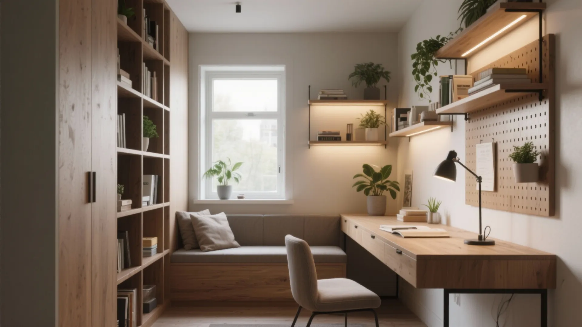 Small home office with wooden bookshelf long desk window seat light fixtures and green indoor plants