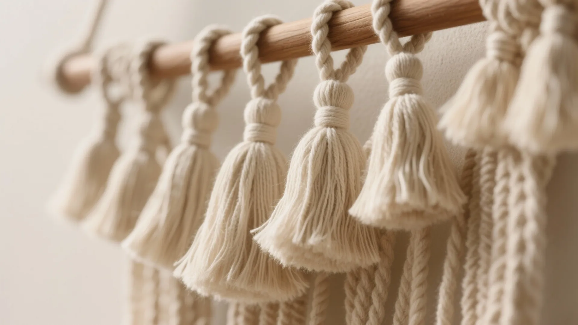 Row of handmade cotton tassels hanging from a wooden bar against a neutral colored wall