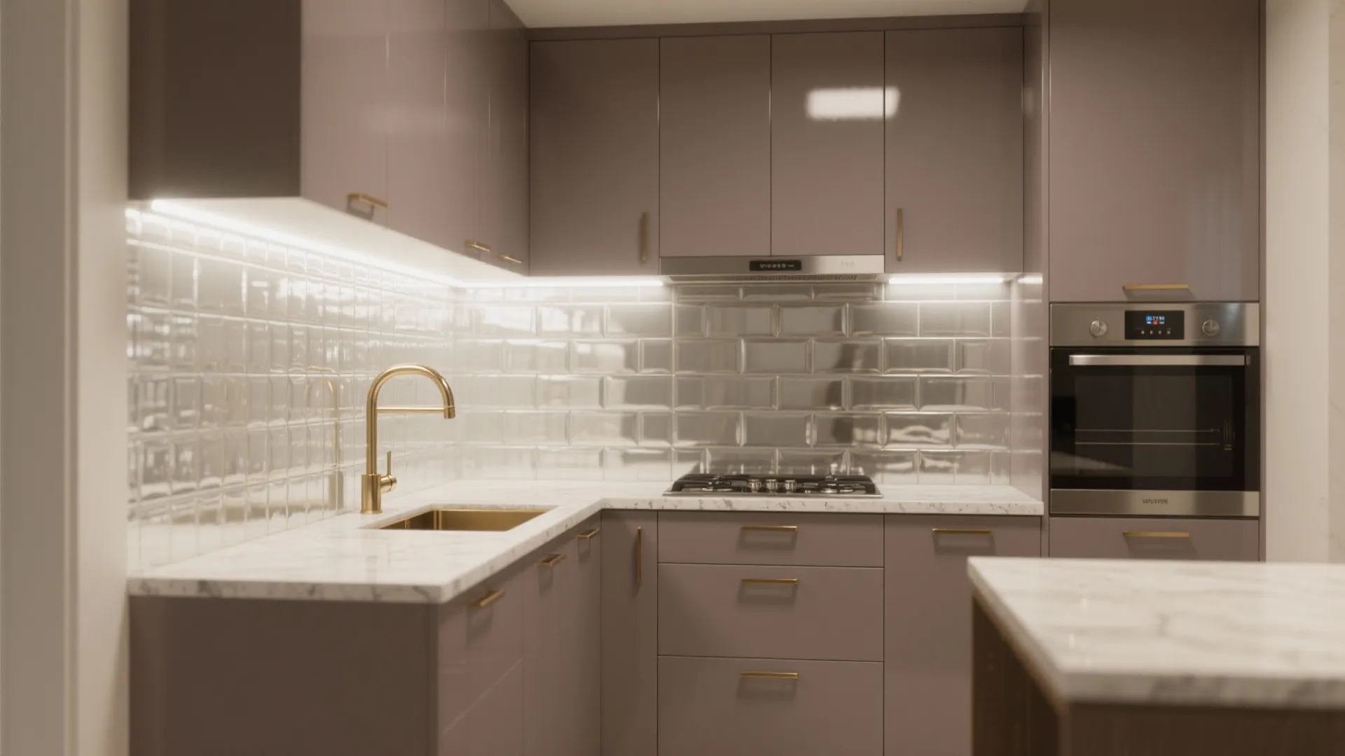 Modern kitchen with taupe cabinets white marble countertop gold faucet and shiny silver wall tiles