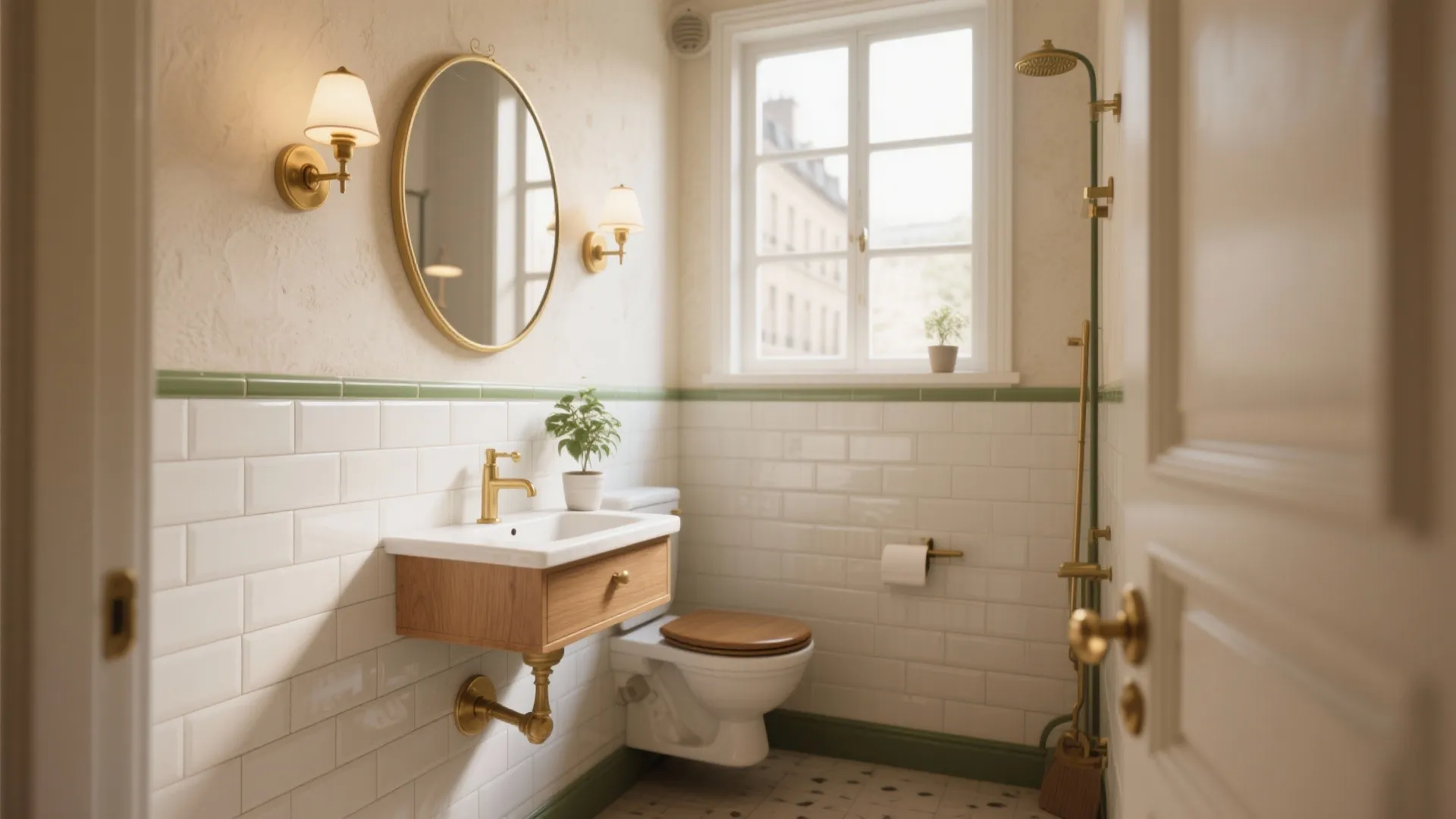 Small bathroom with white wall tiles green trim wooden sink cabinet round mirror and lights
