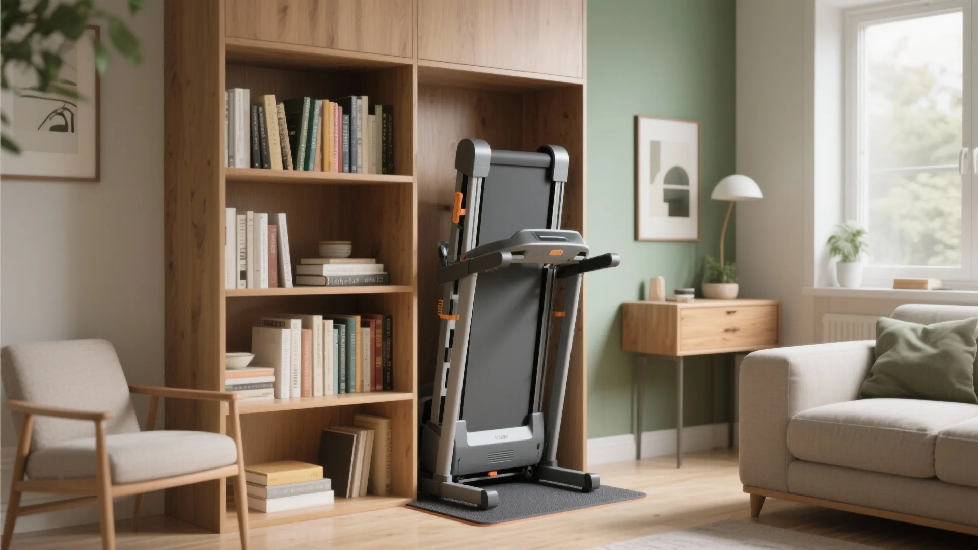 Foldable black treadmill stored upright inside a tall wooden cabinet in a modern living room