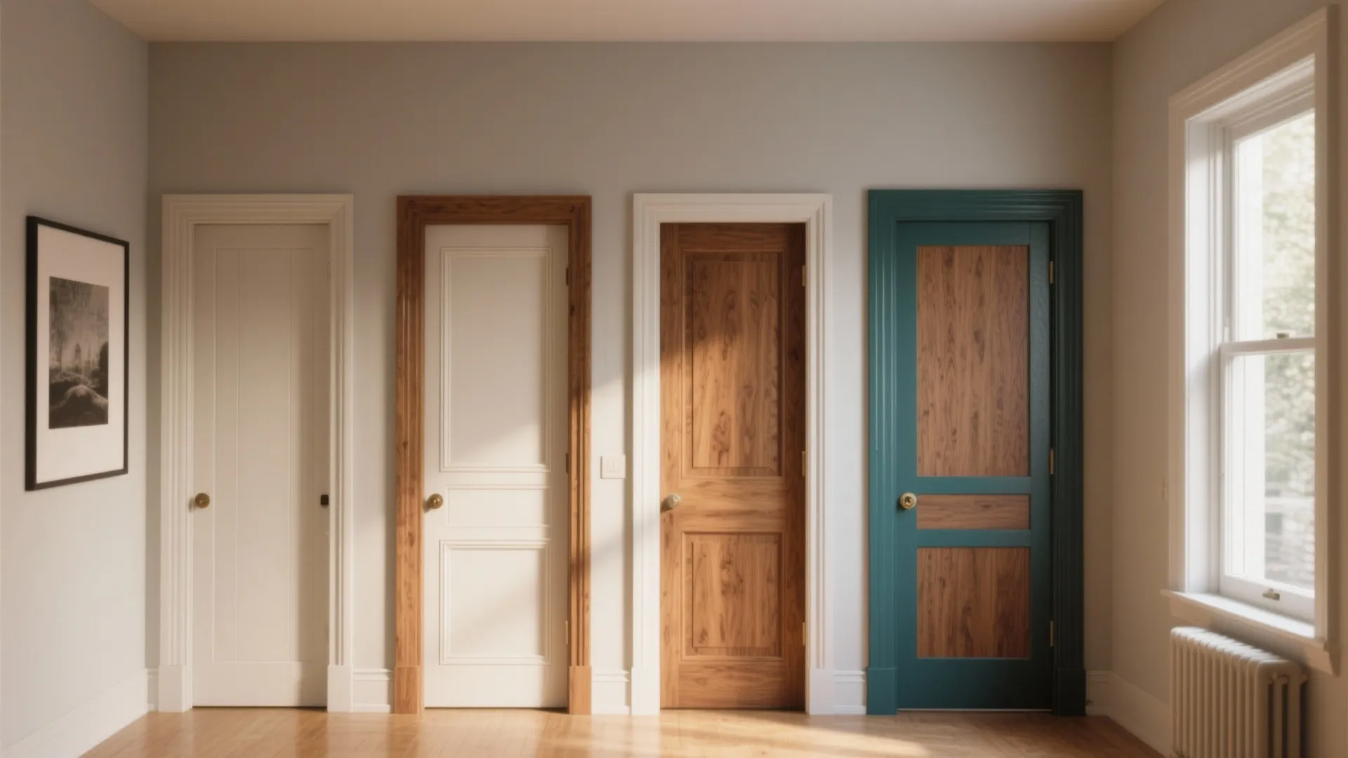 Four different interior door designs with various colors and wood finishes on grey wall background