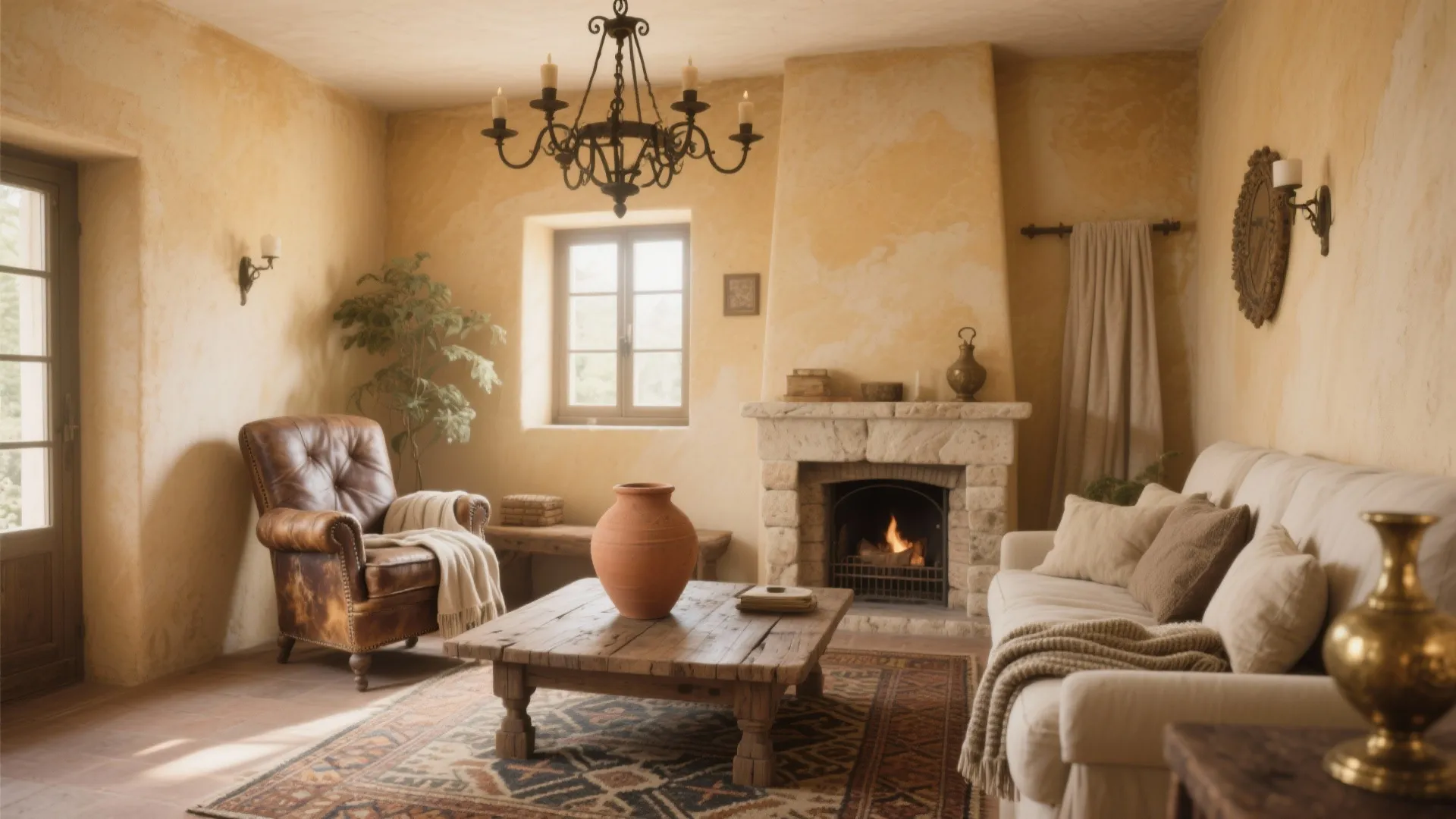 Warm living room with ceiling light stone fireplace leather armchair white sofa and patterned floor rug