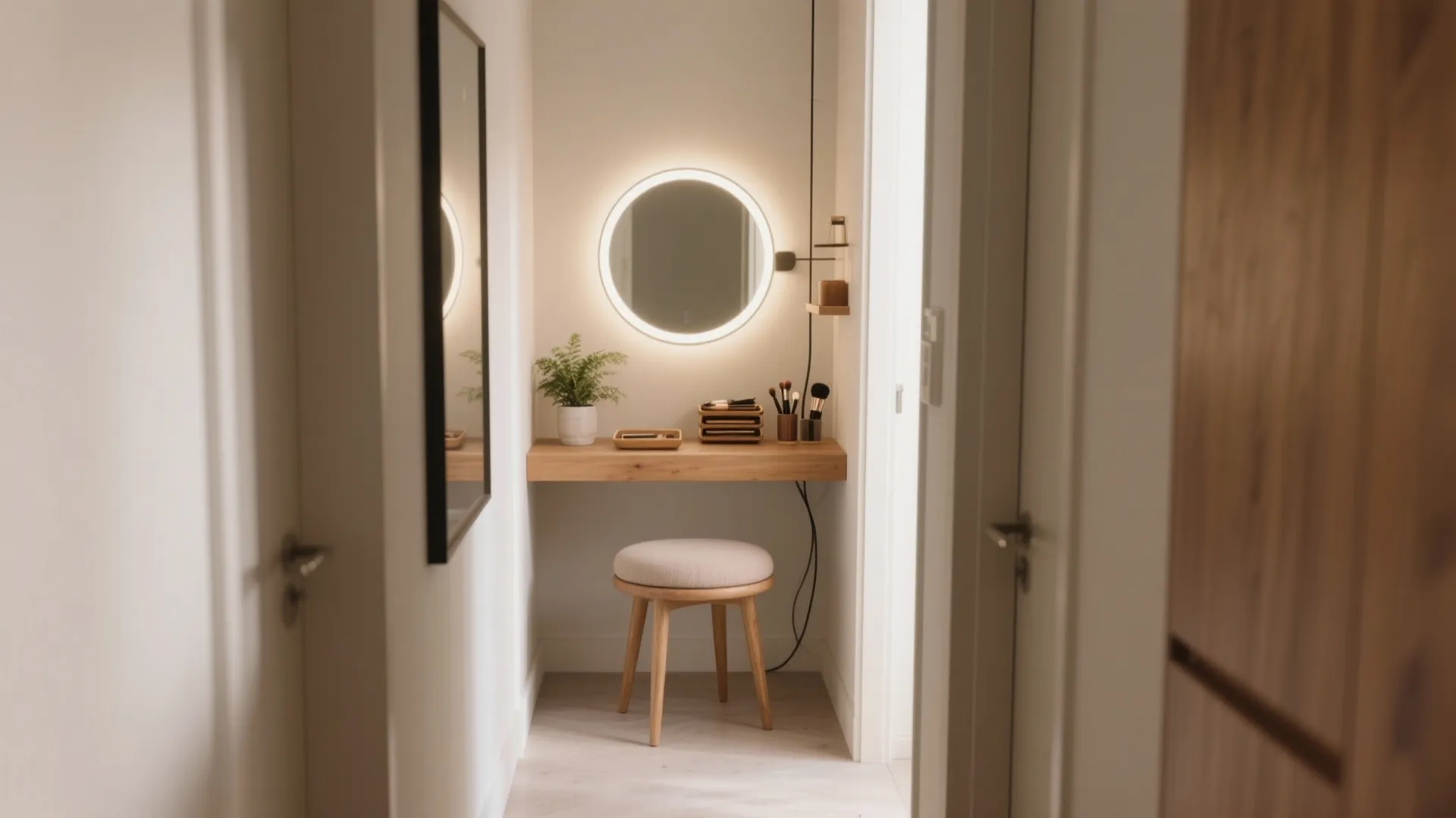 Small hallway makeup vanity with wooden floating shelf, round lighted mirror, stool, and green plant