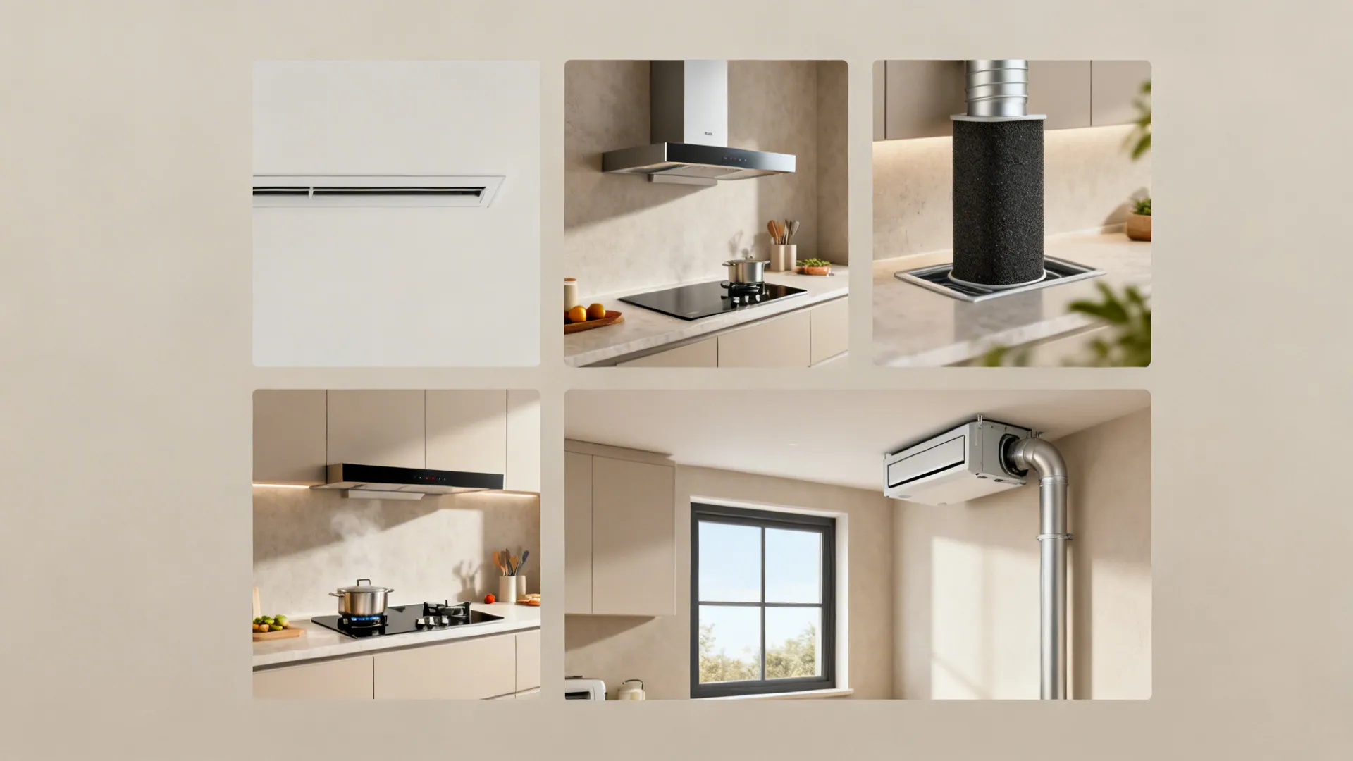Top-down grid summarizing five tiny kitchen ventilation approaches in minimal photoreal style.