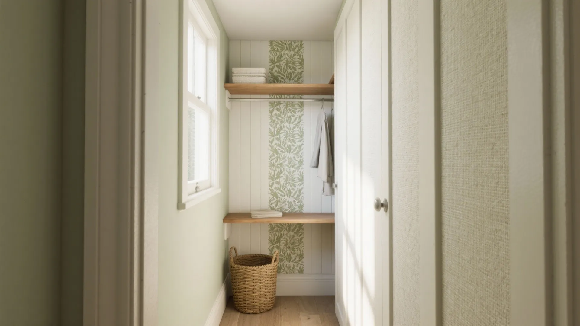 Small storage closet with wooden shelves woven basket and green floral patterned wallpaper on wall