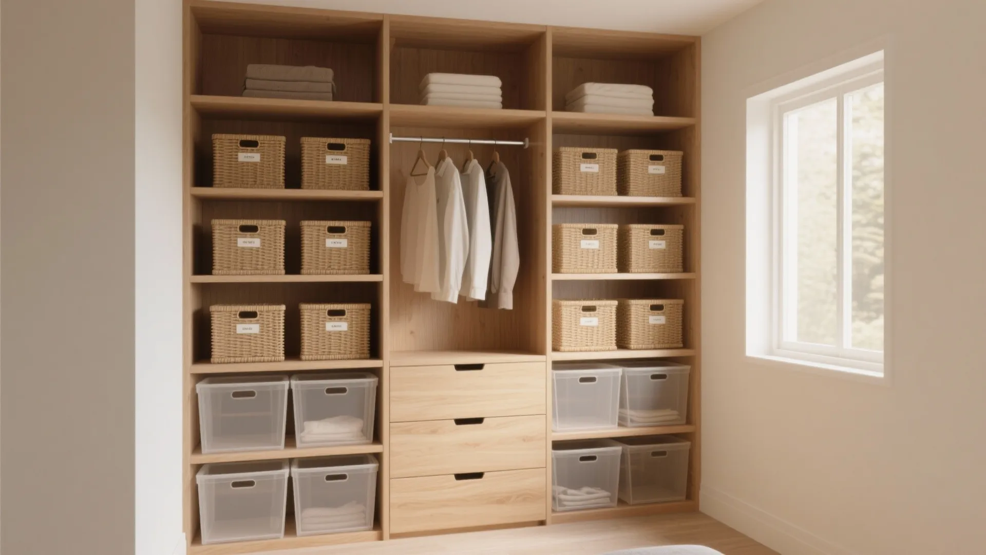 Light wood closet system with woven baskets clear storage bins hanging clothes and natural light