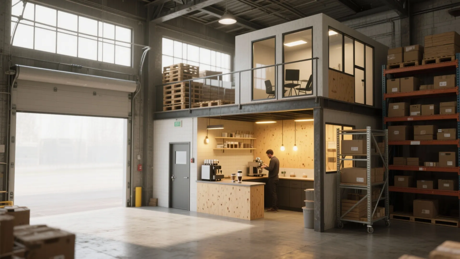 Interior design drawing of a warehouse office with a small coffee station and storage racks