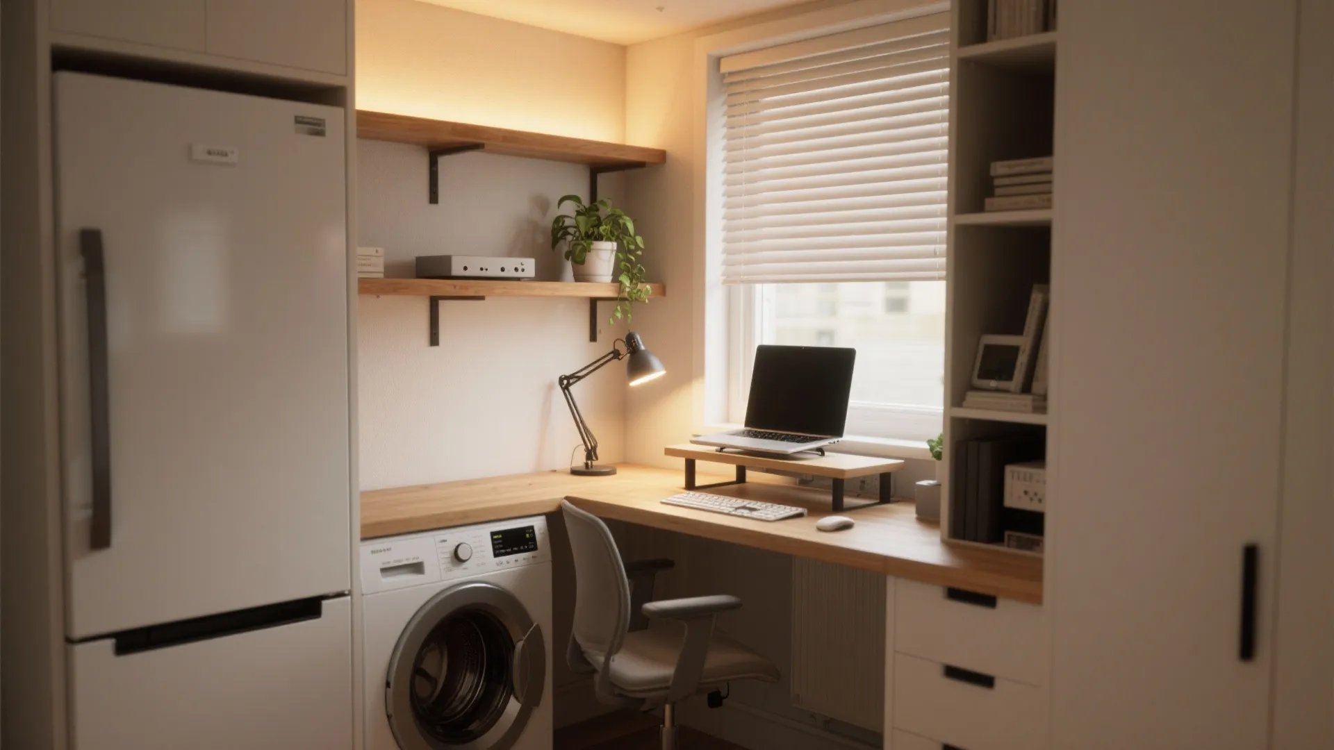 Small home office layout with desk laptop washing machine refrigerator and white cabinets near window