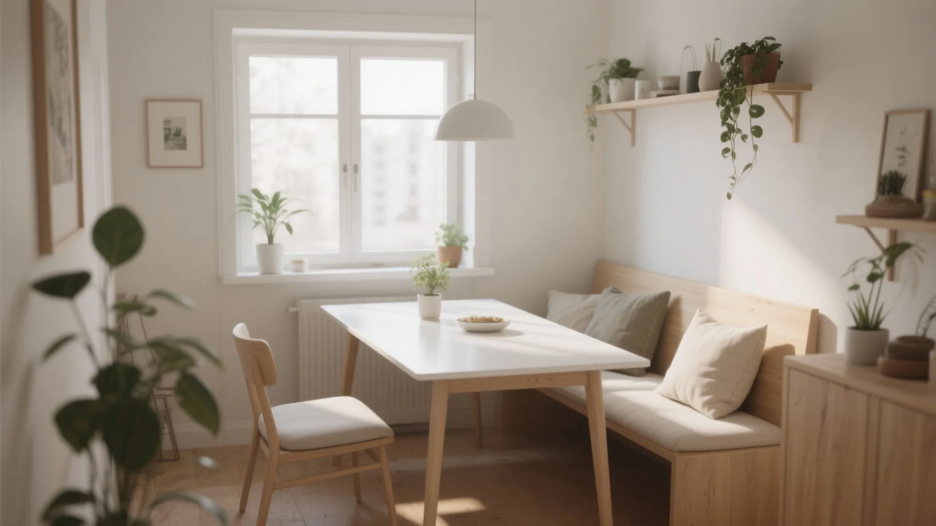 Bright dining room with white table wooden bench green plants window light and simple wall shelf