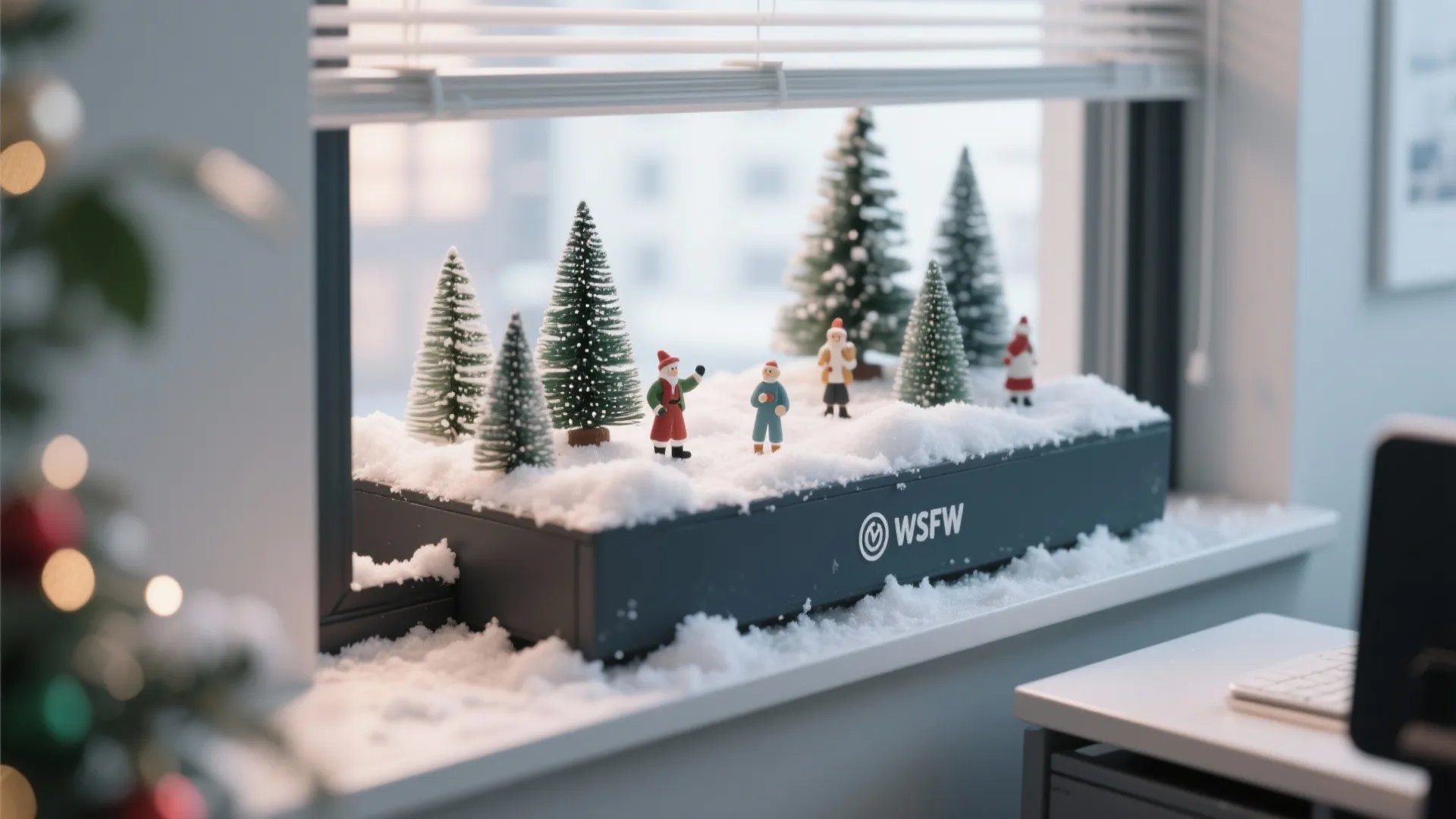 Miniature Christmas scene on a windowsill featuring small green trees fake snow and tiny figures
