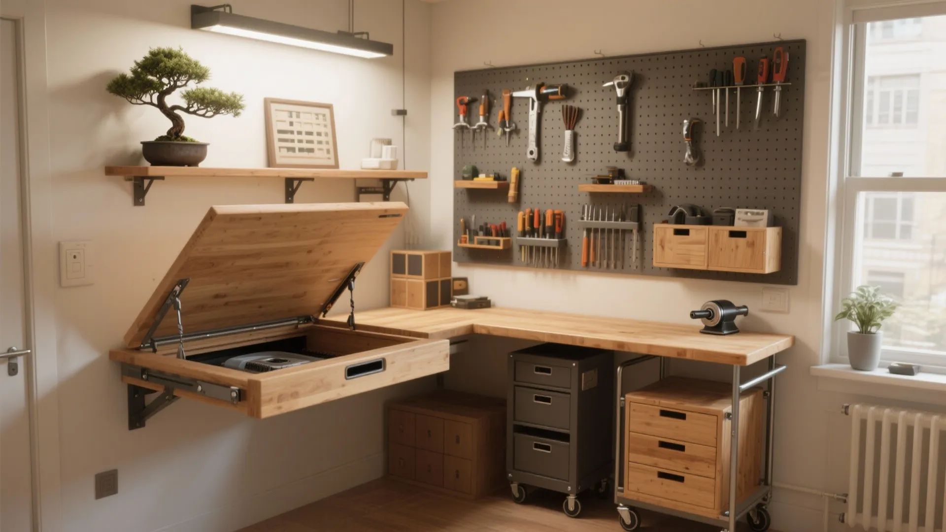 Wooden home office workbench featuring a pegboard for tools and a folding table design layout