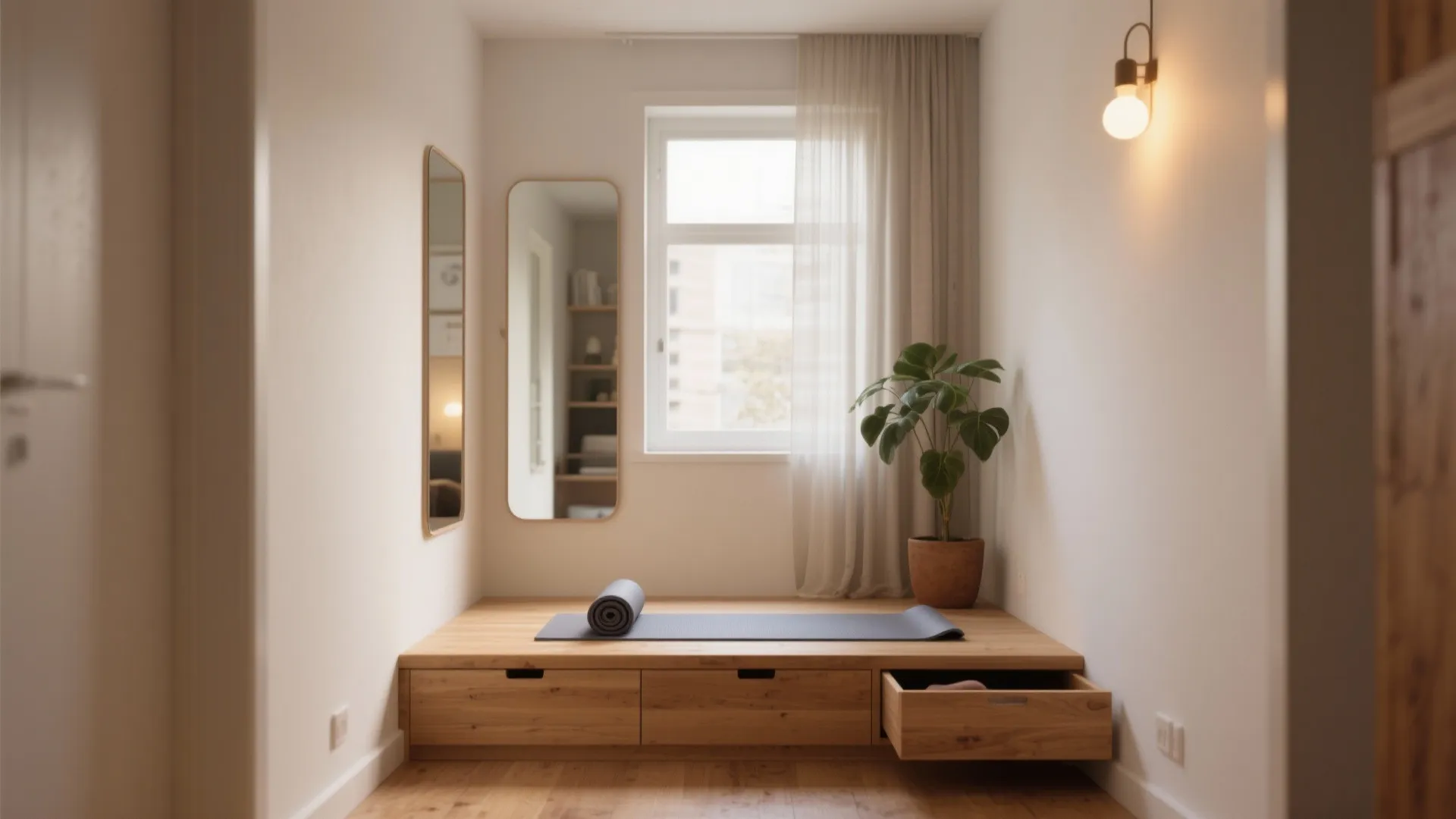 Small yoga room with wooden platform bench wall mirrors green plant and warm wall light