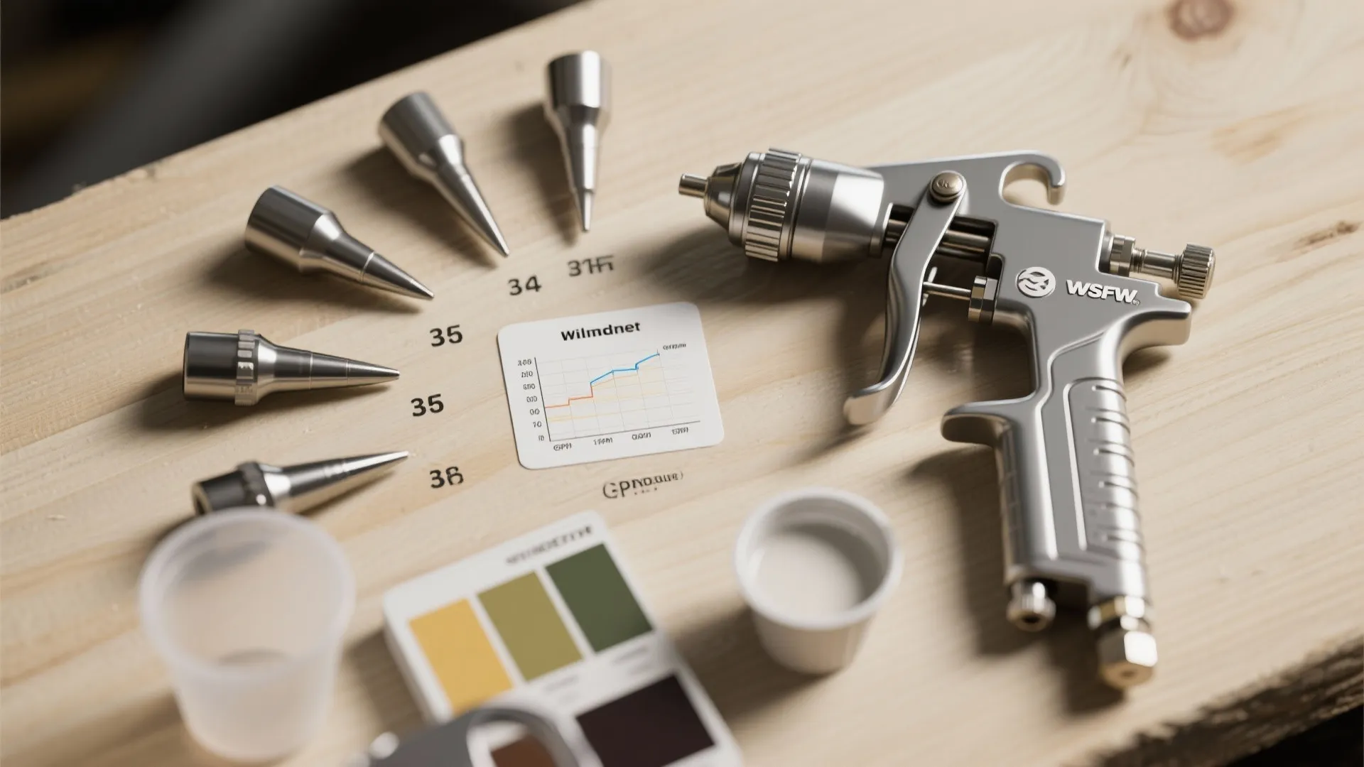 Top-down flatlay of sprayer tips, flow-rate chart, viscosity cup and paint swatches for exterior enamel.
