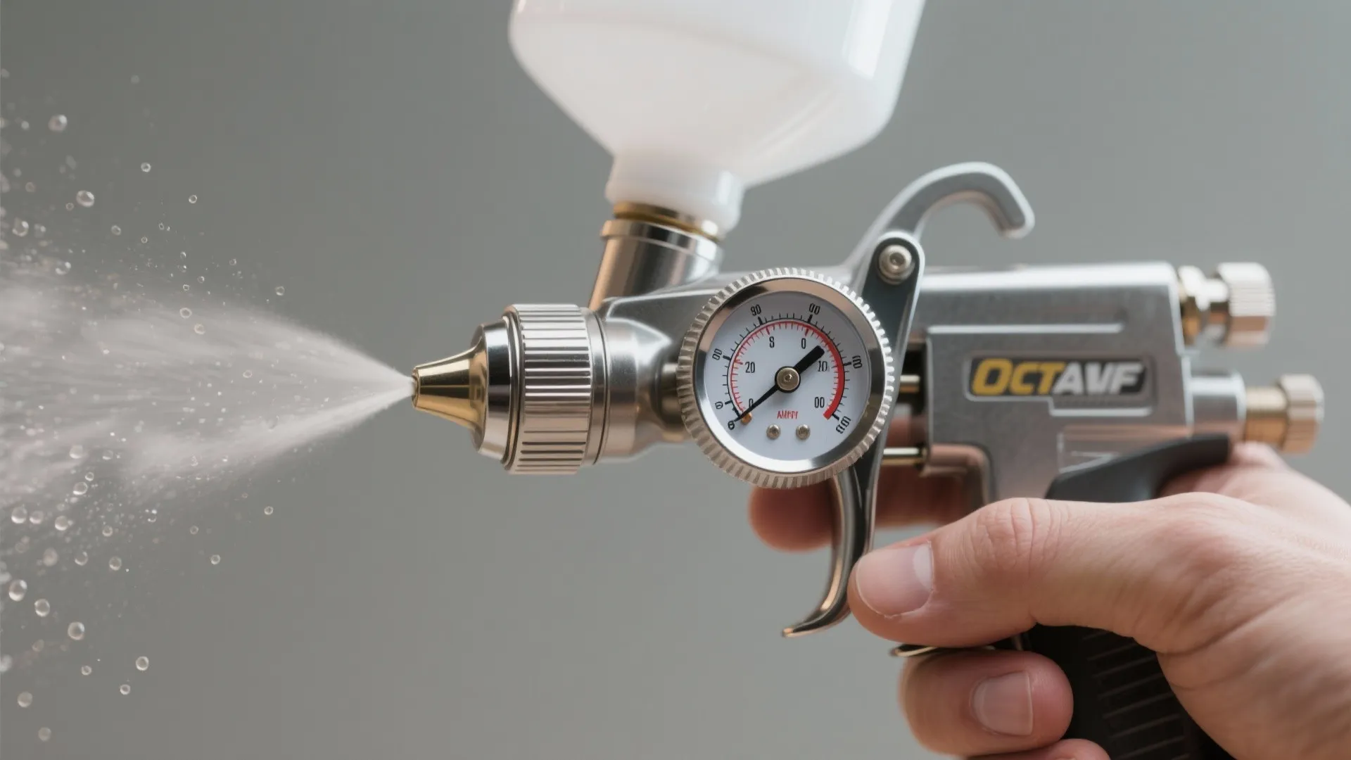 Close up of a hand holding a paint sprayer with a pressure gauge spraying paint