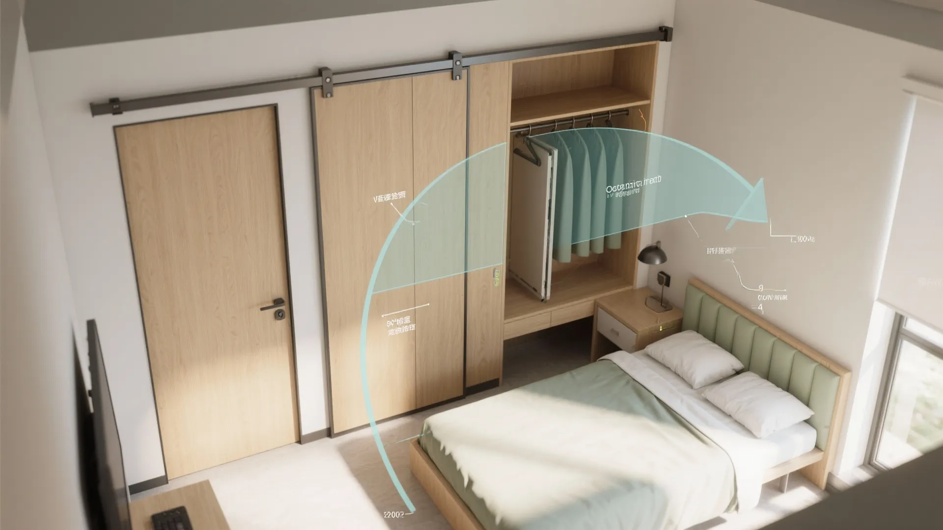 Bedroom view showing a wood sliding door wardrobe with an arrow indicating a storage layout