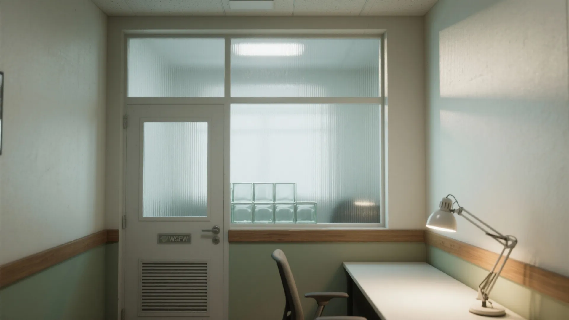 Small home office featuring white desk chair lamp and frosted glass windows for natural light