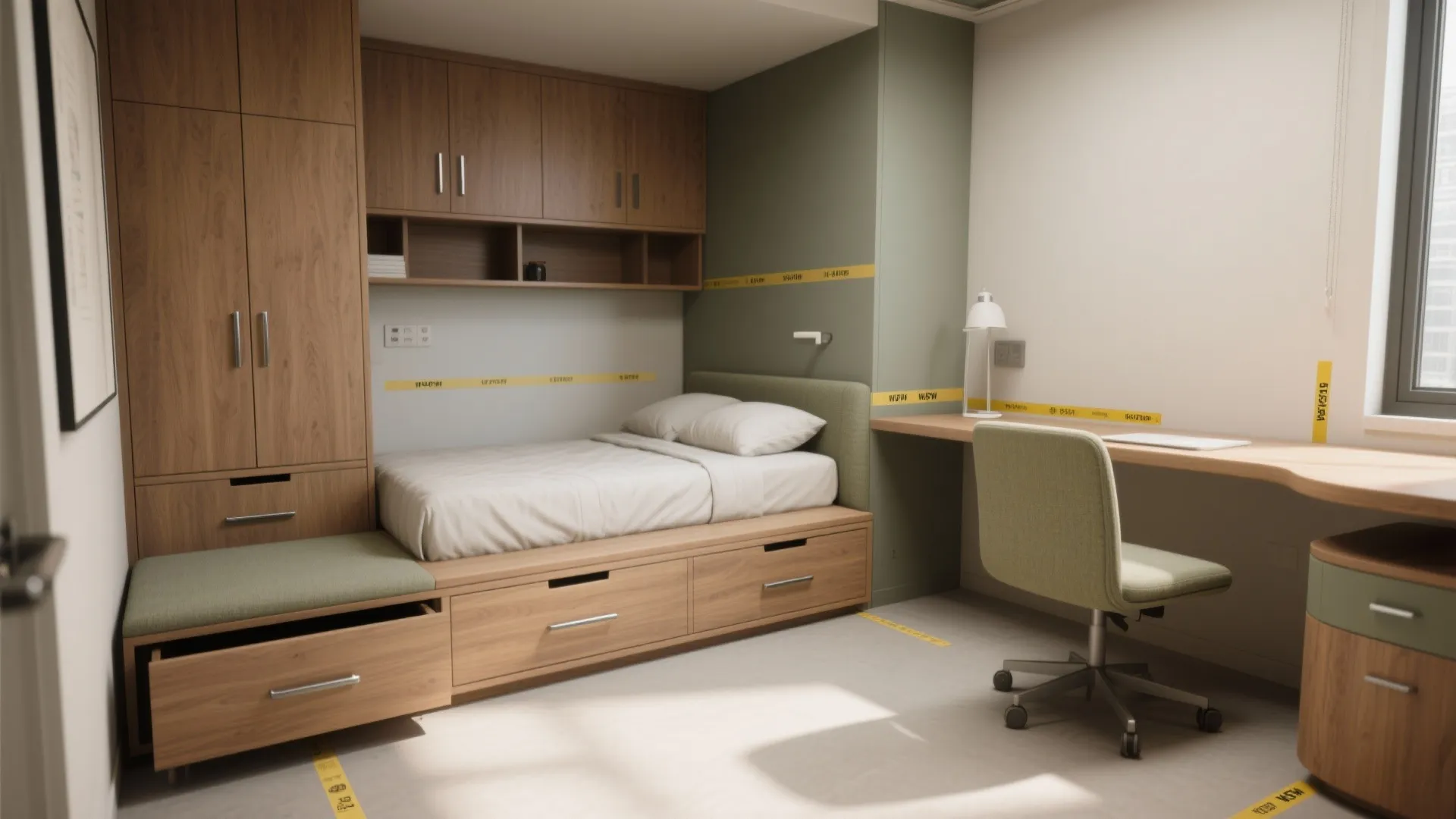 Modern small bedroom with wooden bed storage drawers long desk green chair and white walls