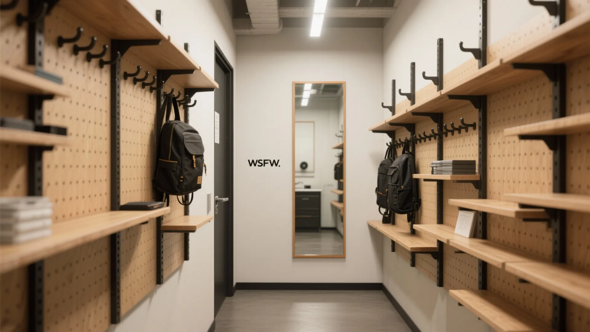 Hallway with wooden pegboard walls shelves black hooks hanging backpacks and a long wall mirror