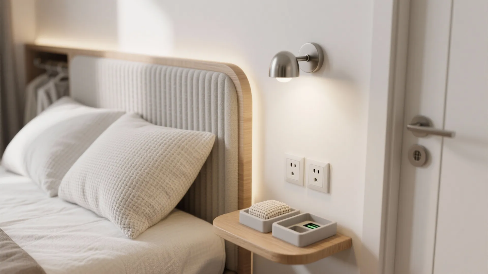 Close up of a bed with white pillows and a small wall light and shelf