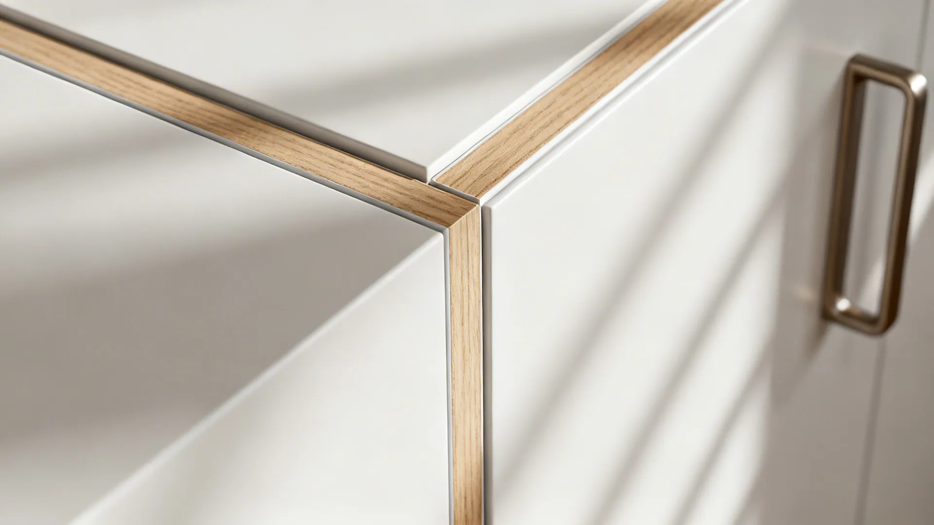 Detailed view of white cabinet corners with thin wood trim and metal handle in sunlight