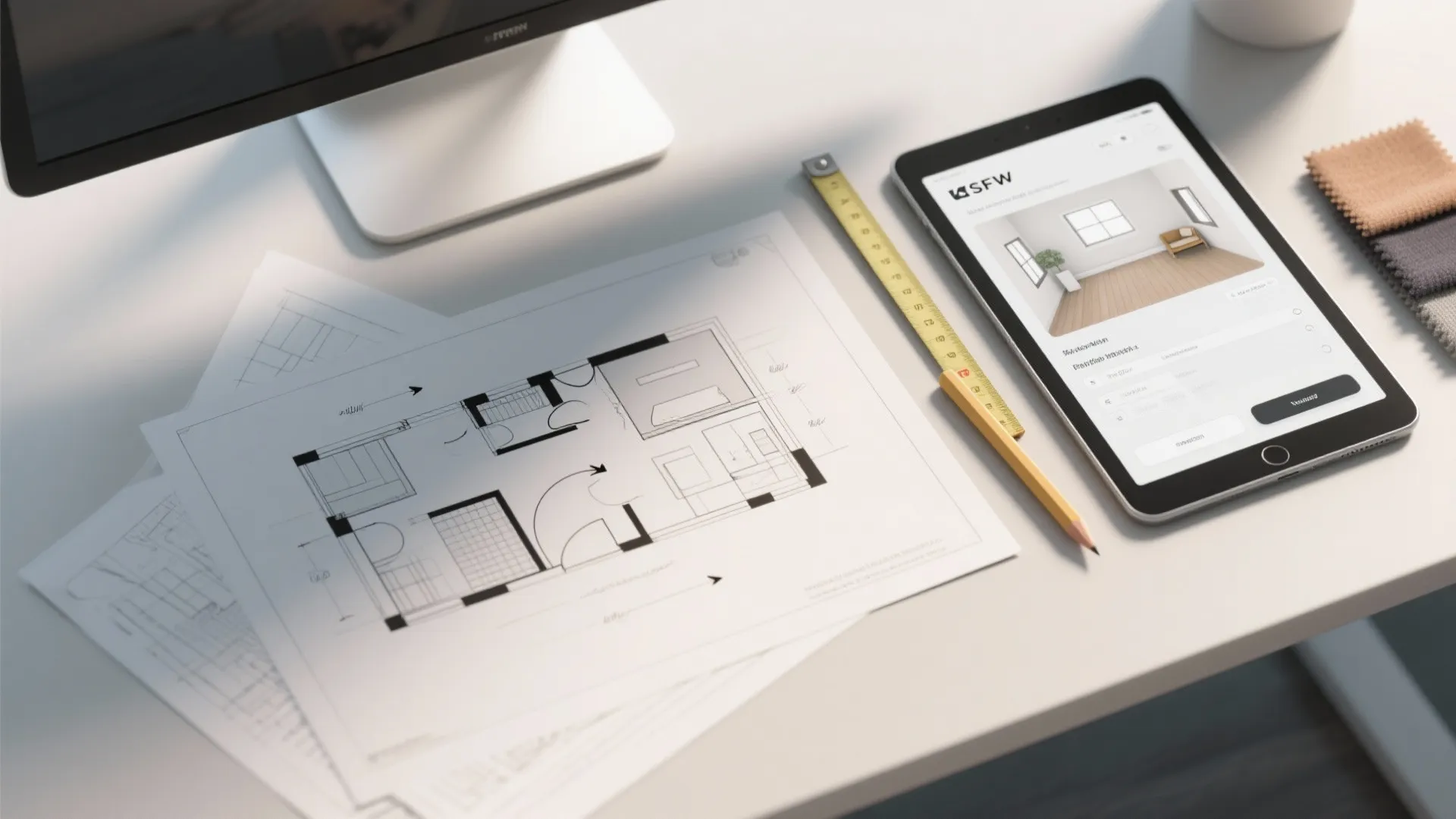 Paper room layout plans on a desk next to a tablet showing a room design